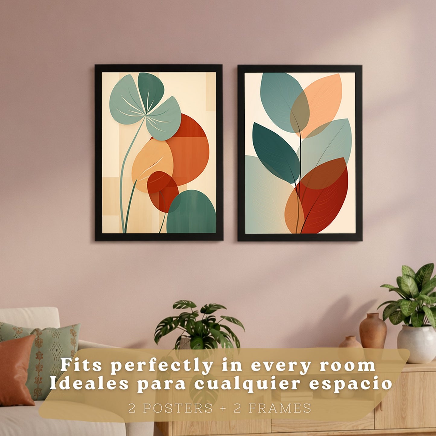 Set de 2 laminas decorativas Hojas, plantas y flores Cuadros Salon modernos - Posters decorativos Botanica verde naranja. Decoración Dormitorios.