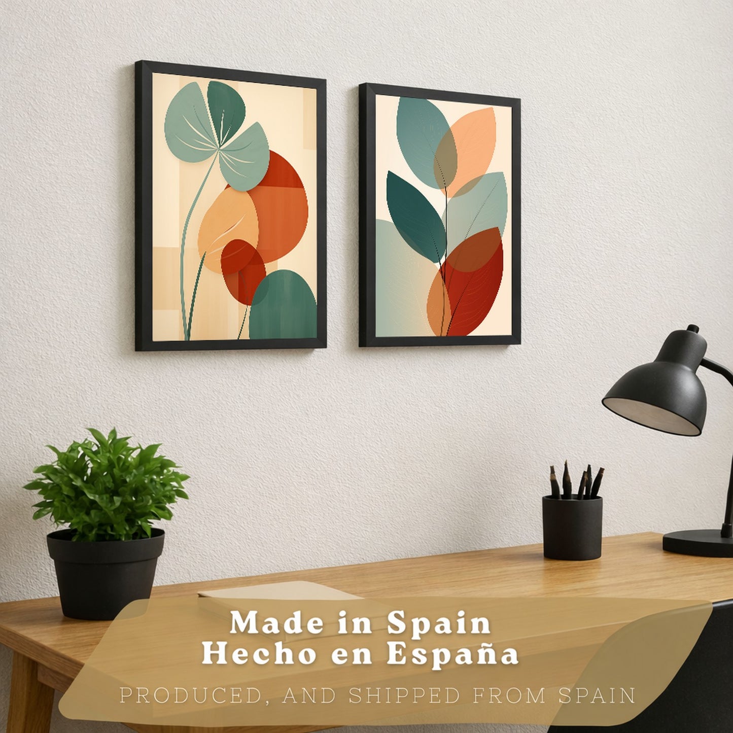 Set de 2 laminas decorativas Hojas, plantas y flores Cuadros Salon modernos - Posters decorativos Botanica verde naranja. Decoración Dormitorios.