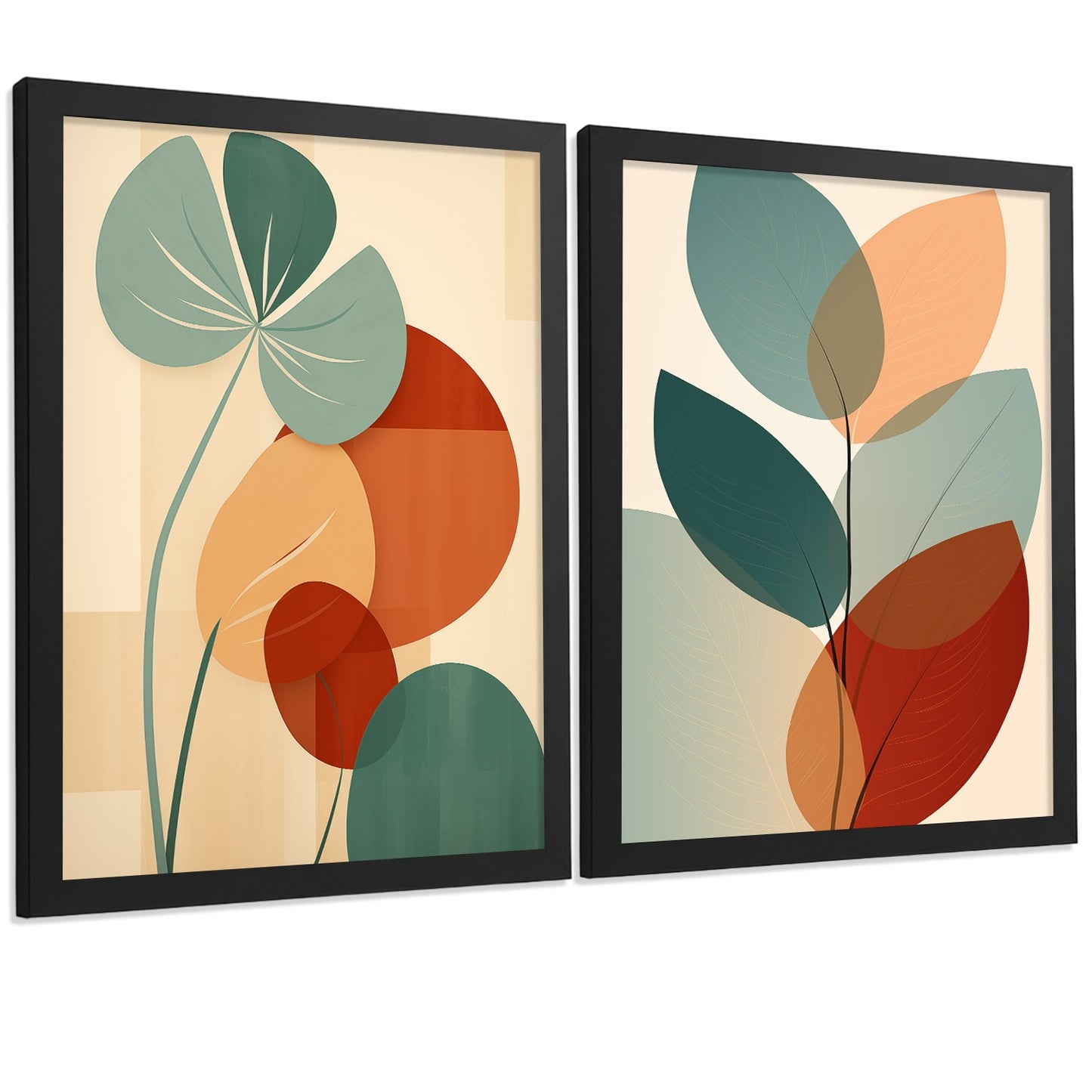 Set de 2 laminas decorativas Hojas, plantas y flores Cuadros Salon modernos - Posters decorativos Botanica verde naranja. Decoración Dormitorios.