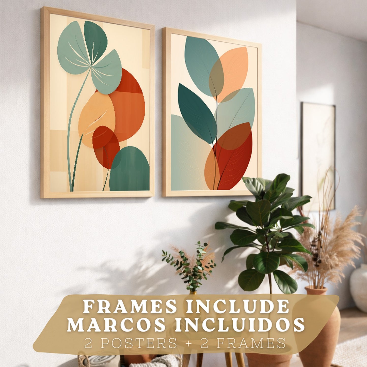 Set de 2 laminas decorativas Hojas, plantas y flores Cuadros Salon modernos - Posters decorativos Botanica verde naranja. Decoración Dormitorios.