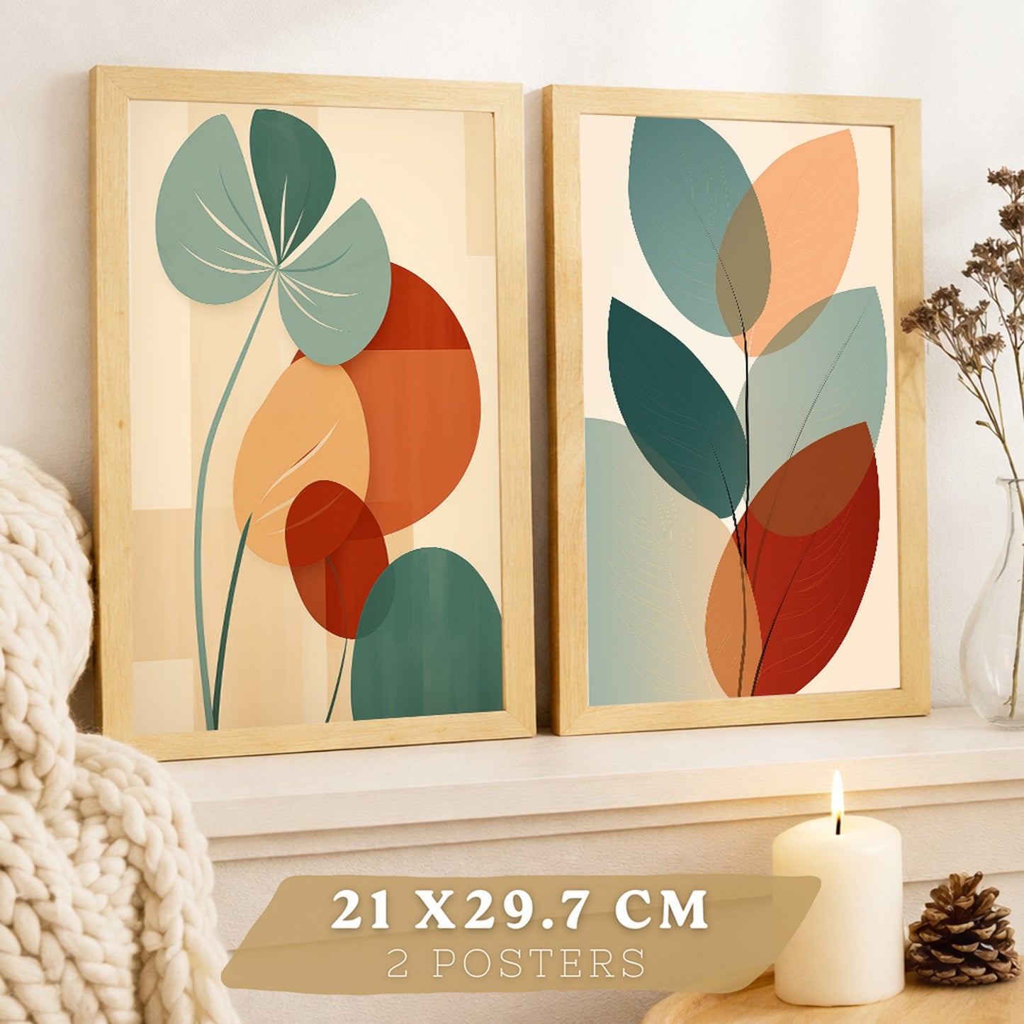 Set de 2 laminas decorativas Hojas, plantas y flores Cuadros Salon modernos - Posters decorativos Botanica verde naranja. Decoración Dormitorios.