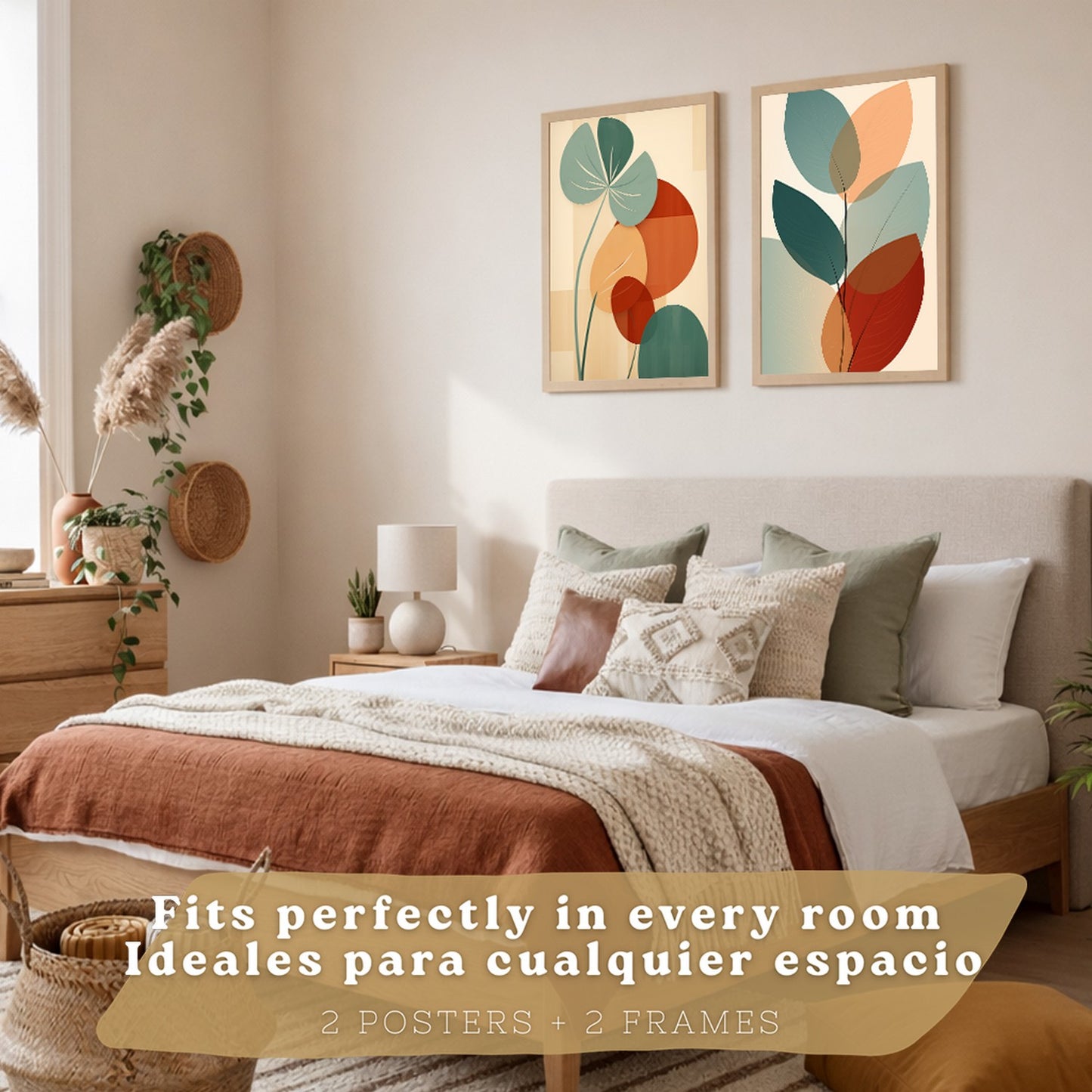 Set de 2 laminas decorativas Hojas, plantas y flores Cuadros Salon modernos - Posters decorativos Botanica verde naranja. Decoración Dormitorios.