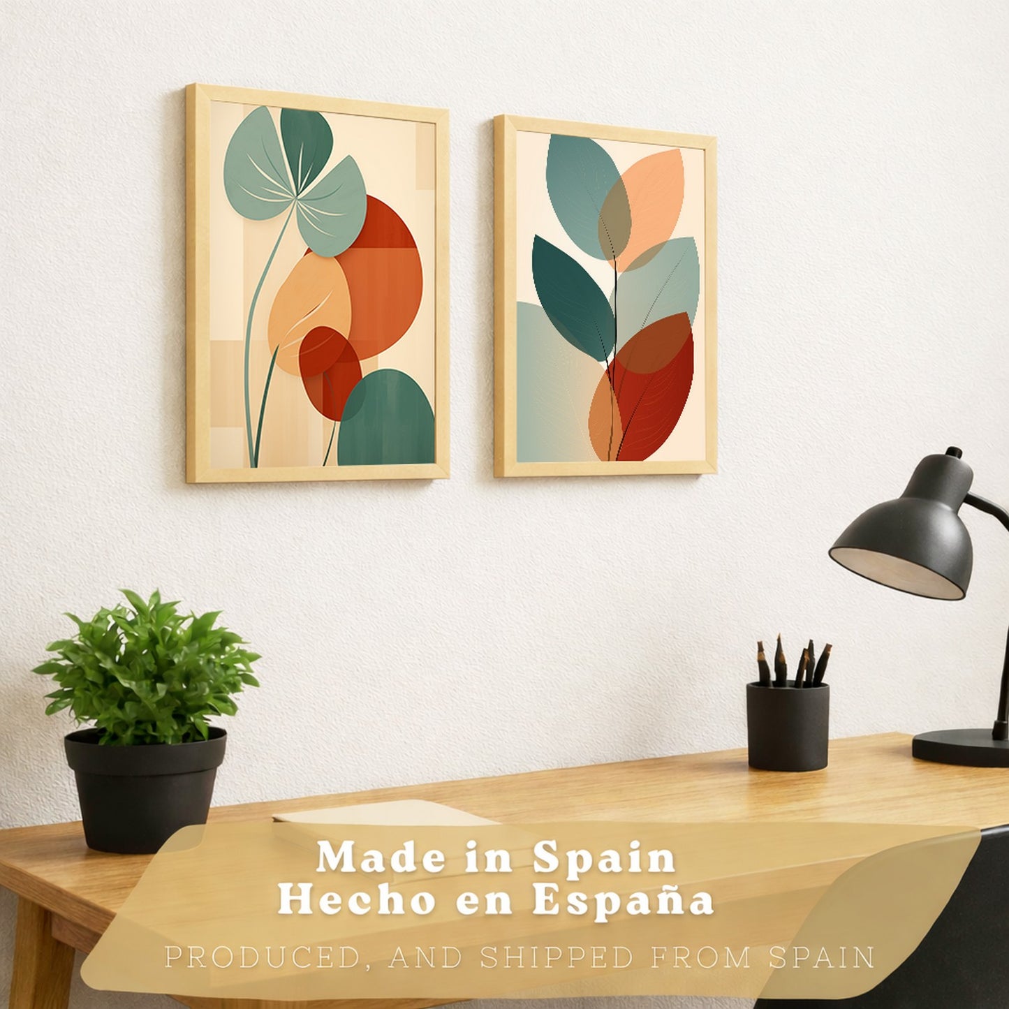 Set de 2 laminas decorativas Hojas, plantas y flores Cuadros Salon modernos - Posters decorativos Botanica verde naranja. Decoración Dormitorios.
