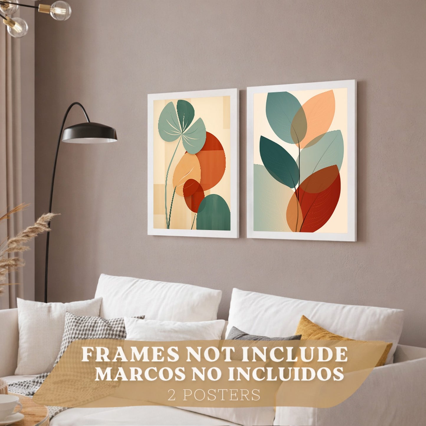 Set de 2 laminas decorativas Hojas, plantas y flores Cuadros Salon modernos - Posters decorativos Botanica verde naranja. Decoración Dormitorios.