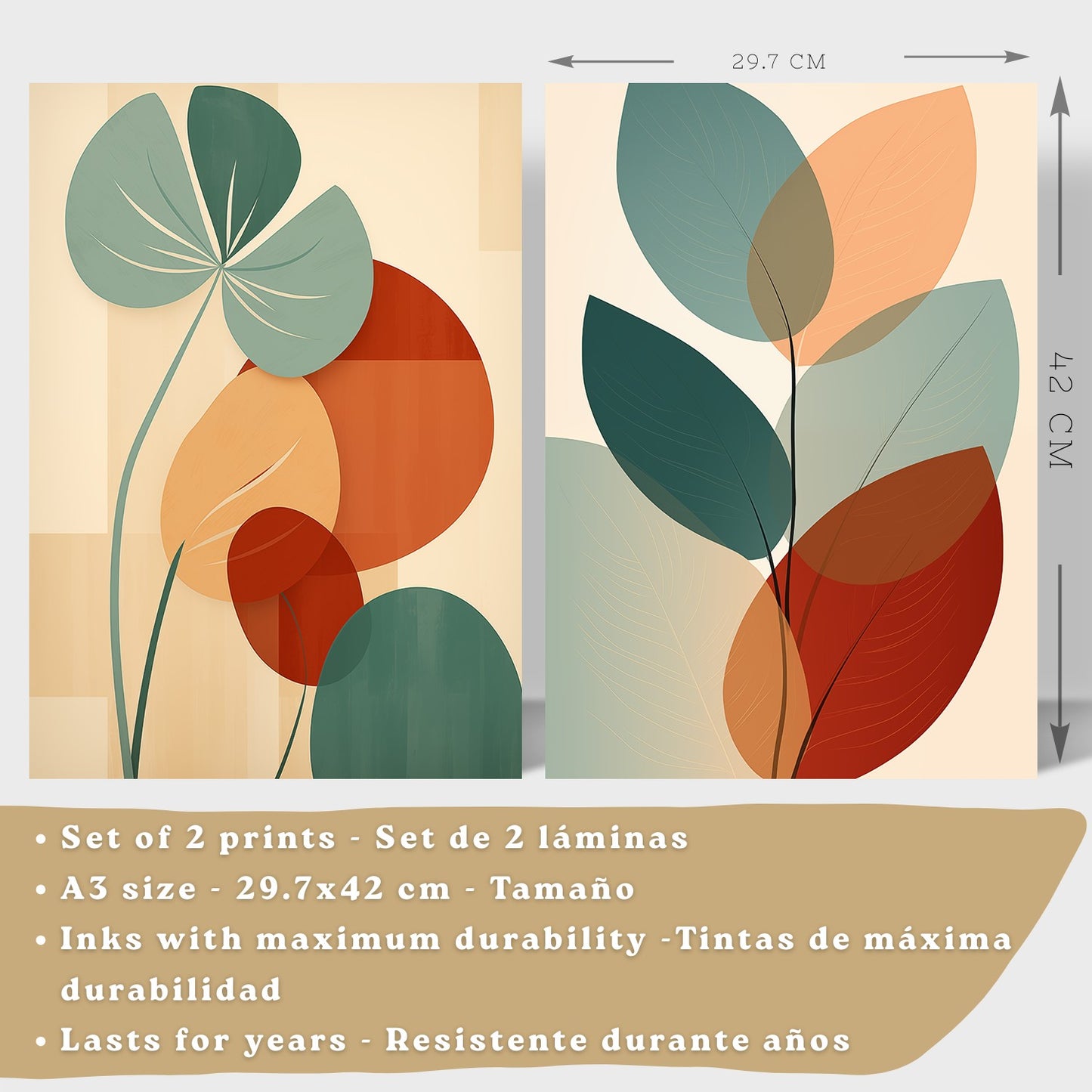 Set de 2 laminas decorativas Hojas, plantas y flores Cuadros Salon modernos - Posters decorativos Botanica verde naranja. Decoración Dormitorios.