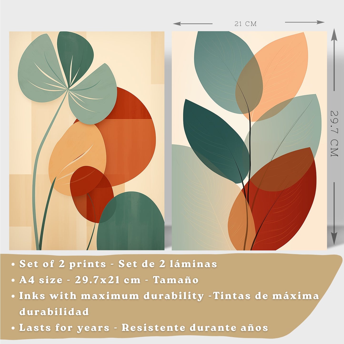 Set de 2 laminas decorativas Hojas, plantas y flores Cuadros Salon modernos - Posters decorativos Botanica verde naranja. Decoración Dormitorios.