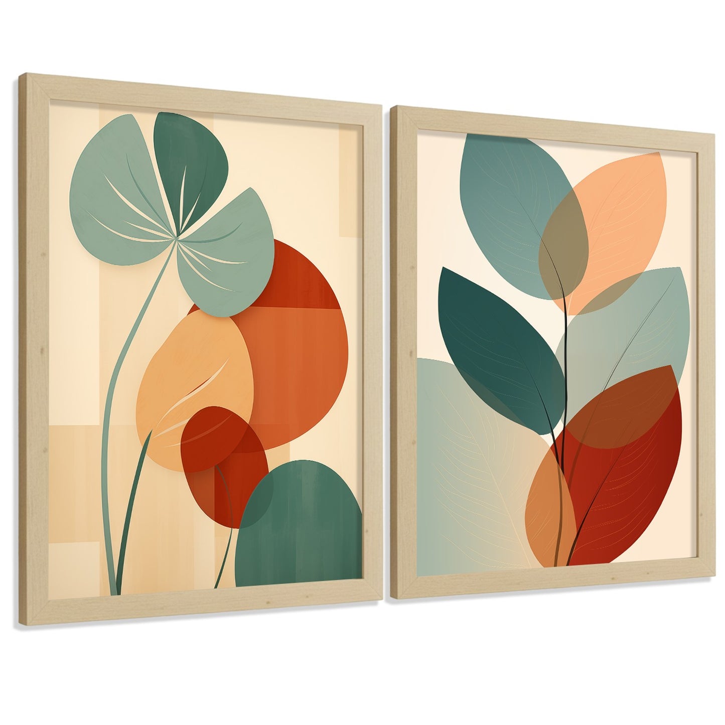 Set de 2 laminas decorativas Hojas, plantas y flores Cuadros Salon modernos - Posters decorativos Botanica verde naranja. Decoración Dormitorios.