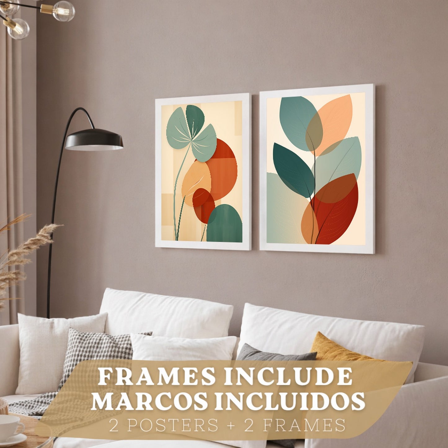 Set de 2 laminas decorativas Hojas, plantas y flores Cuadros Salon modernos - Posters decorativos Botanica verde naranja. Decoración Dormitorios.