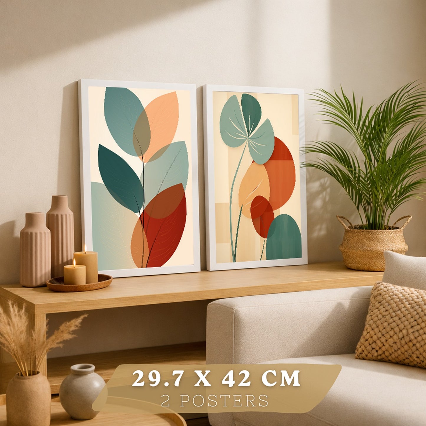 Set de 2 laminas decorativas Hojas, plantas y flores Cuadros Salon modernos - Posters decorativos Botanica verde naranja. Decoración Dormitorios.