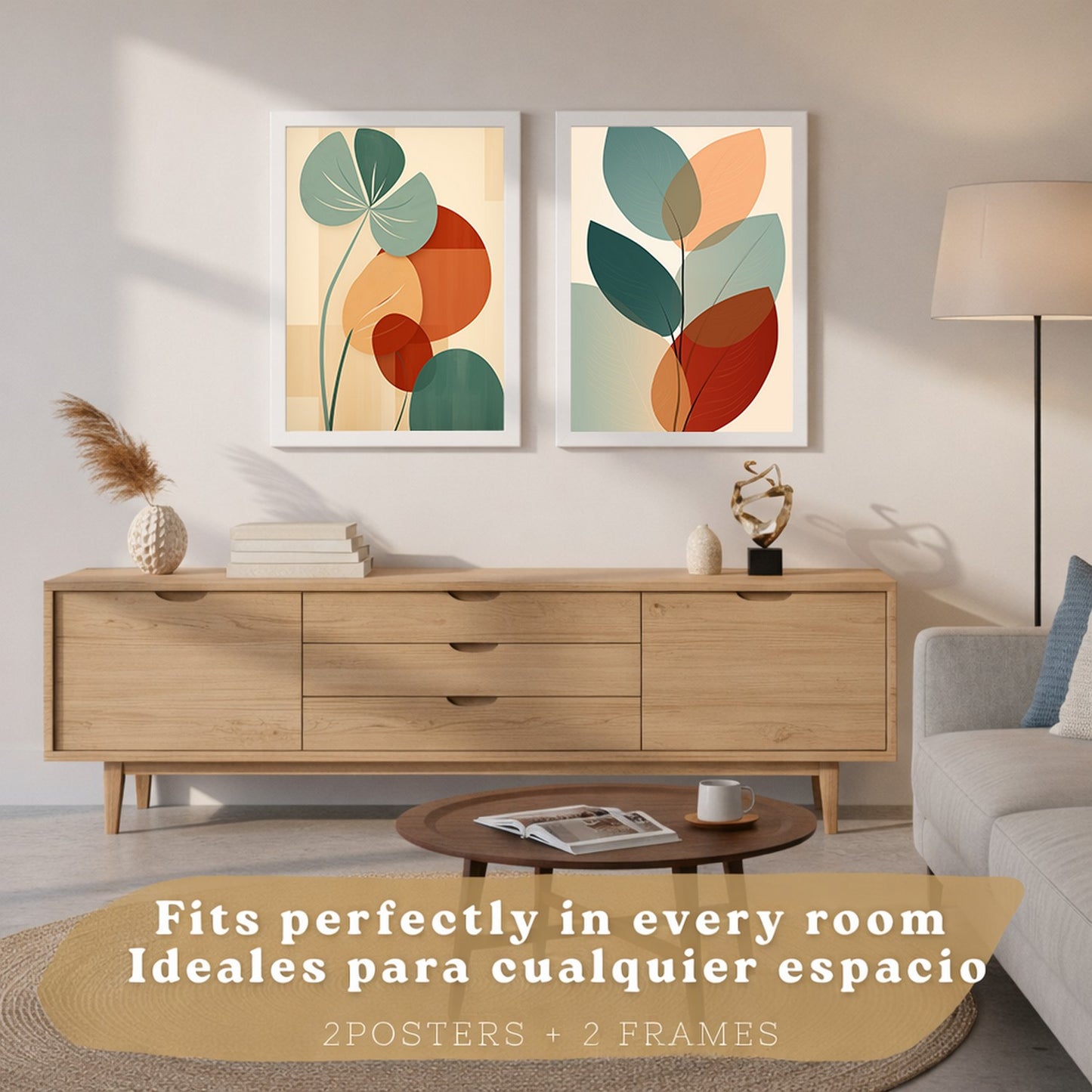 Set de 2 laminas decorativas Hojas, plantas y flores Cuadros Salon modernos - Posters decorativos Botanica verde naranja. Decoración Dormitorios.
