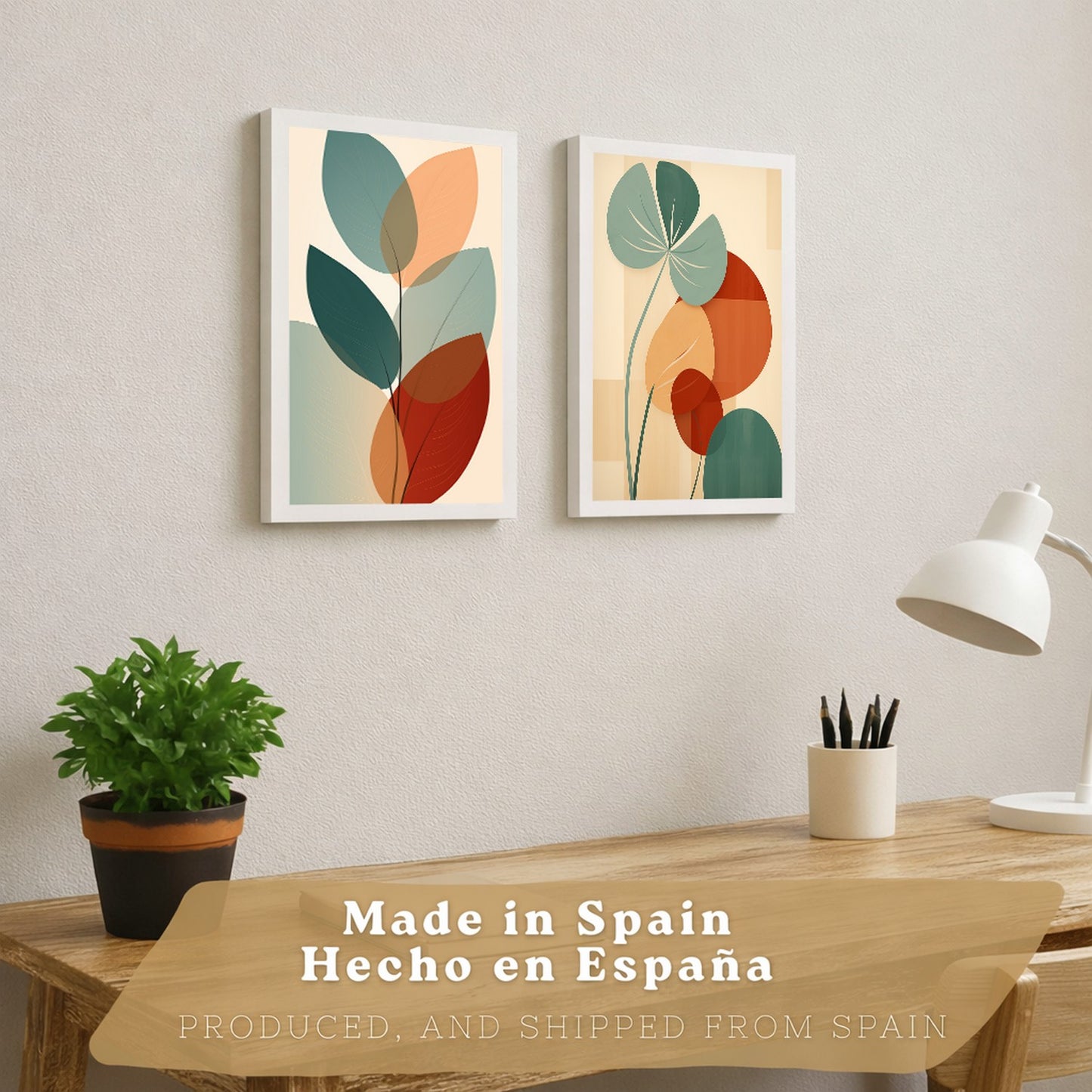 Set de 2 laminas decorativas Hojas, plantas y flores Cuadros Salon modernos - Posters decorativos Botanica verde naranja. Decoración Dormitorios.