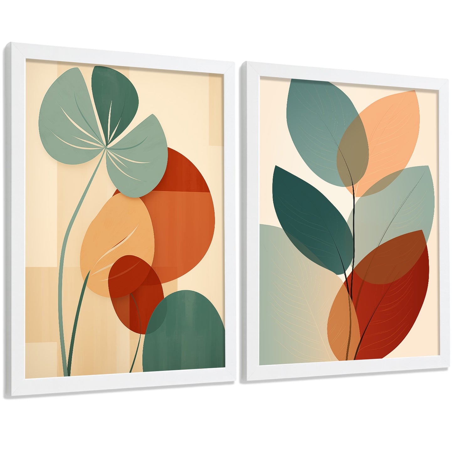 Set de 2 laminas decorativas Hojas, plantas y flores Cuadros Salon modernos - Posters decorativos Botanica verde naranja. Decoración Dormitorios.