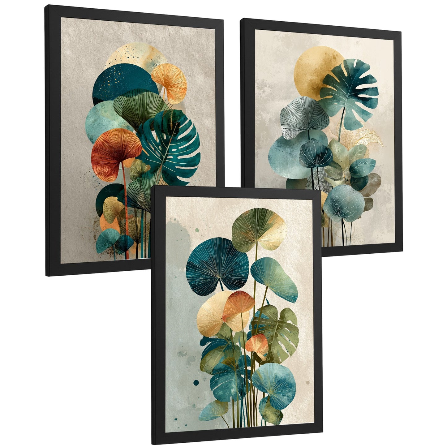 Set de 3 laminas decorativas Hojas, plantas. Florales Cuadros Salon modernos - Posters decorativos Botanico verde naranja. Decoración Dormitorios.