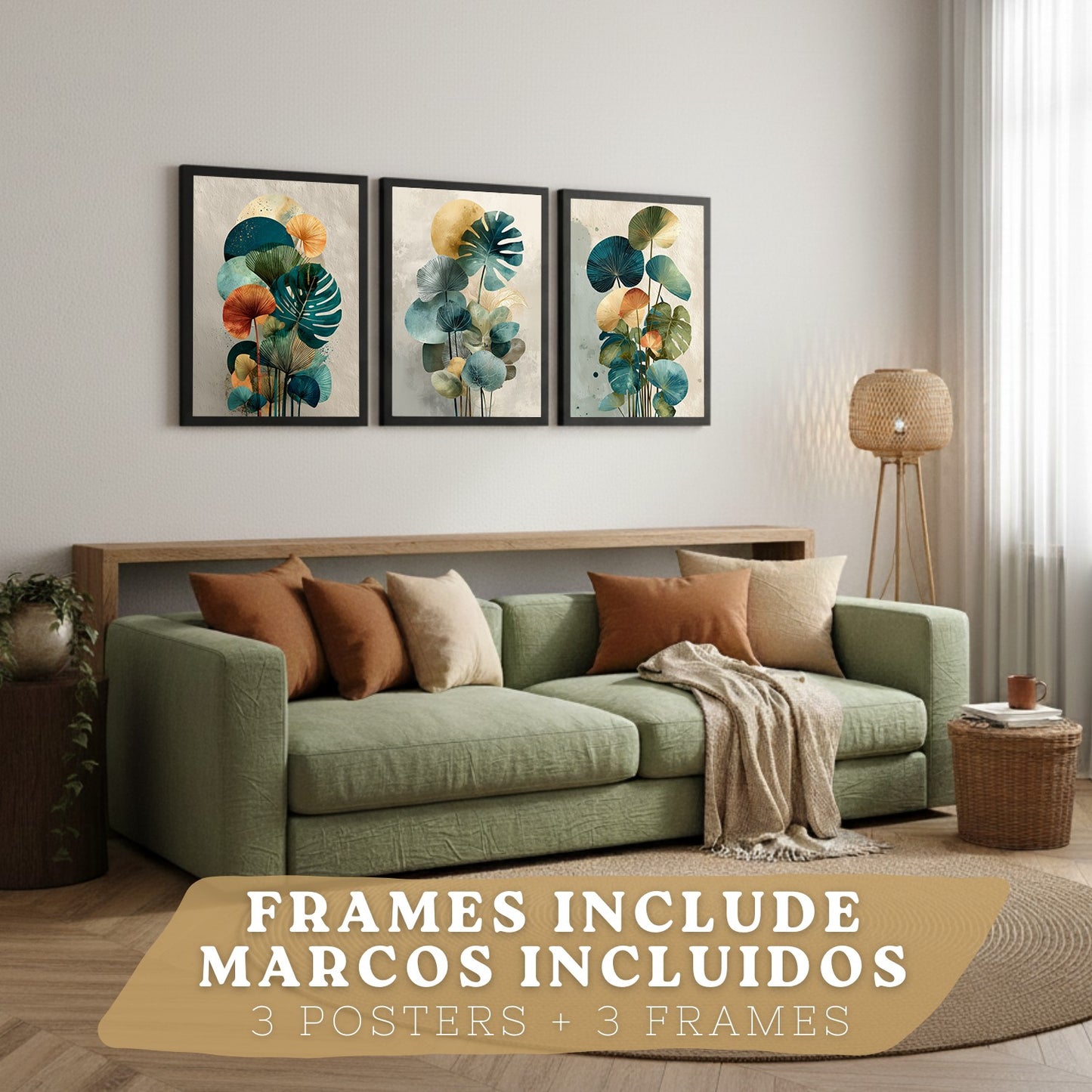 Set de 3 laminas decorativas Hojas, plantas. Florales Cuadros Salon modernos - Posters decorativos Botanico verde naranja. Decoración Dormitorios.