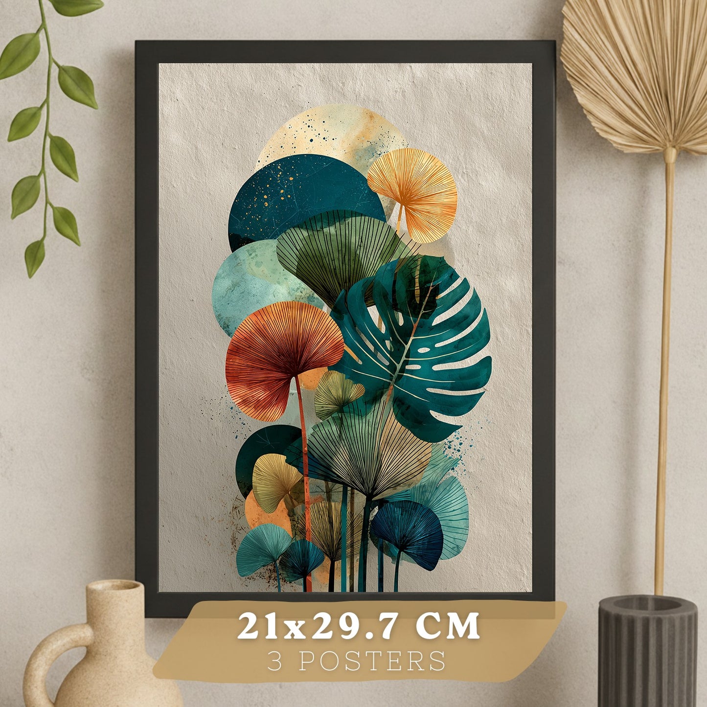 Set de 3 laminas decorativas Hojas, plantas. Florales Cuadros Salon modernos - Posters decorativos Botanico verde naranja. Decoración Dormitorios.