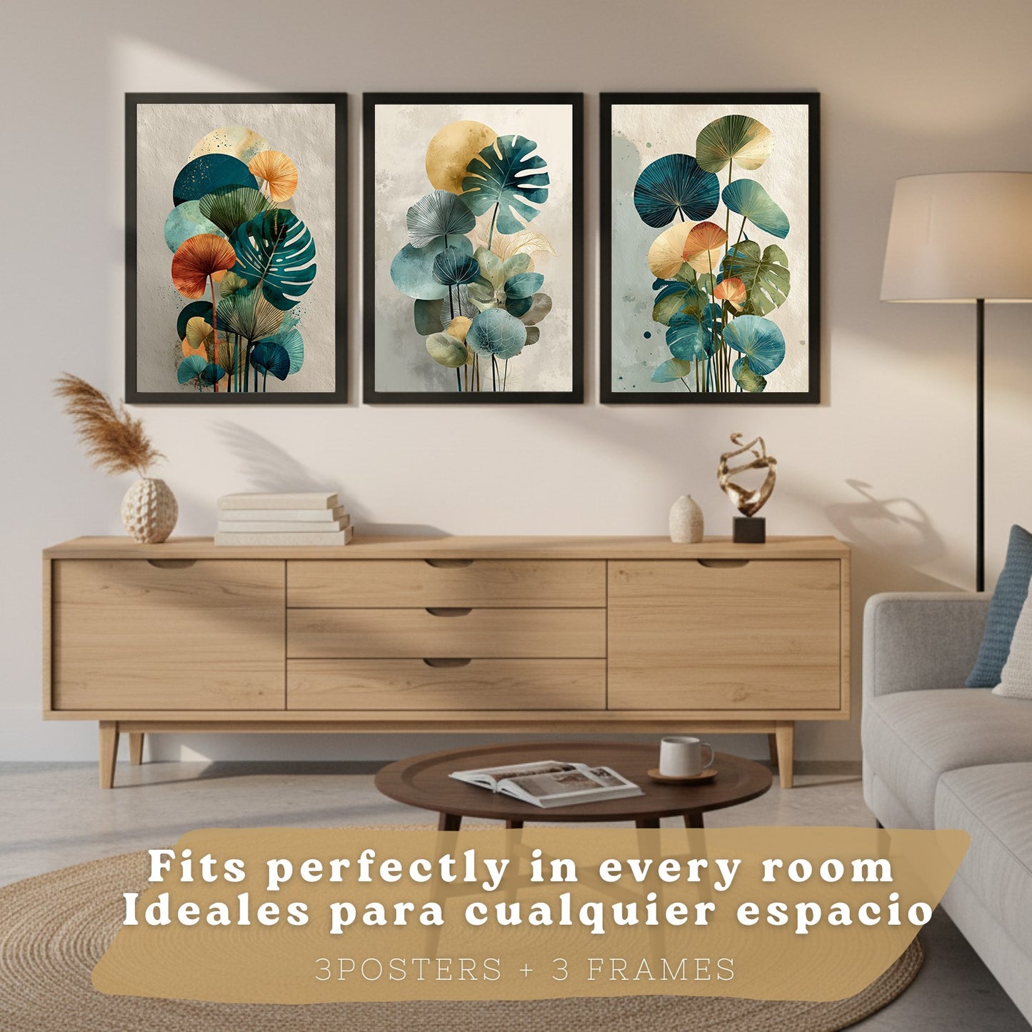 Set de 3 laminas decorativas Hojas, plantas. Florales Cuadros Salon modernos - Posters decorativos Botanico verde naranja. Decoración Dormitorios.