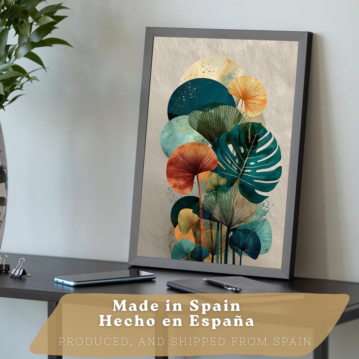 Set de 3 laminas decorativas Hojas, plantas. Florales Cuadros Salon modernos - Posters decorativos Botanico verde naranja. Decoración Dormitorios.