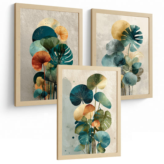 Set de 3 laminas decorativas Hojas, plantas. Florales Cuadros Salon modernos - Posters decorativos Botanico verde naranja. Decoración Dormitorios.