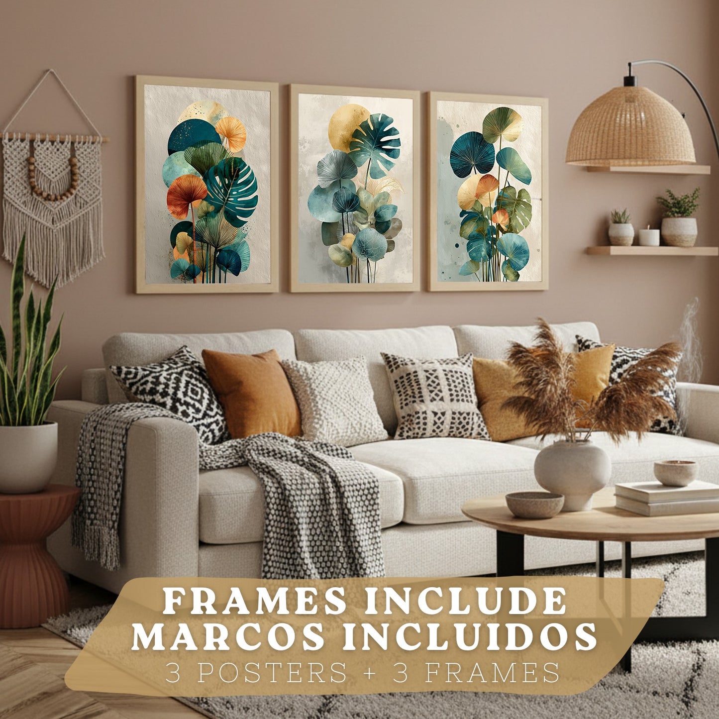 Set de 3 laminas decorativas Hojas, plantas. Florales Cuadros Salon modernos - Posters decorativos Botanico verde naranja. Decoración Dormitorios.