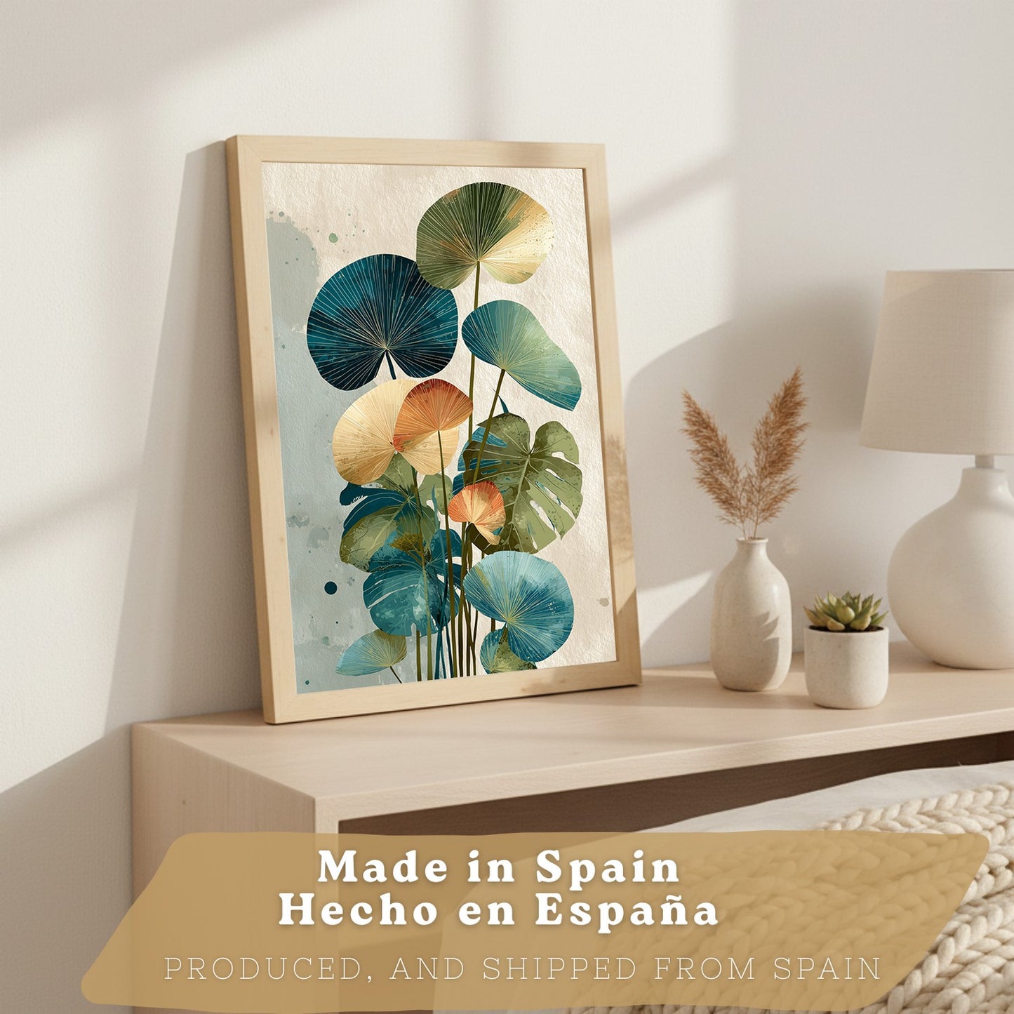 Set de 3 laminas decorativas Hojas, plantas. Florales Cuadros Salon modernos - Posters decorativos Botanico verde naranja. Decoración Dormitorios.
