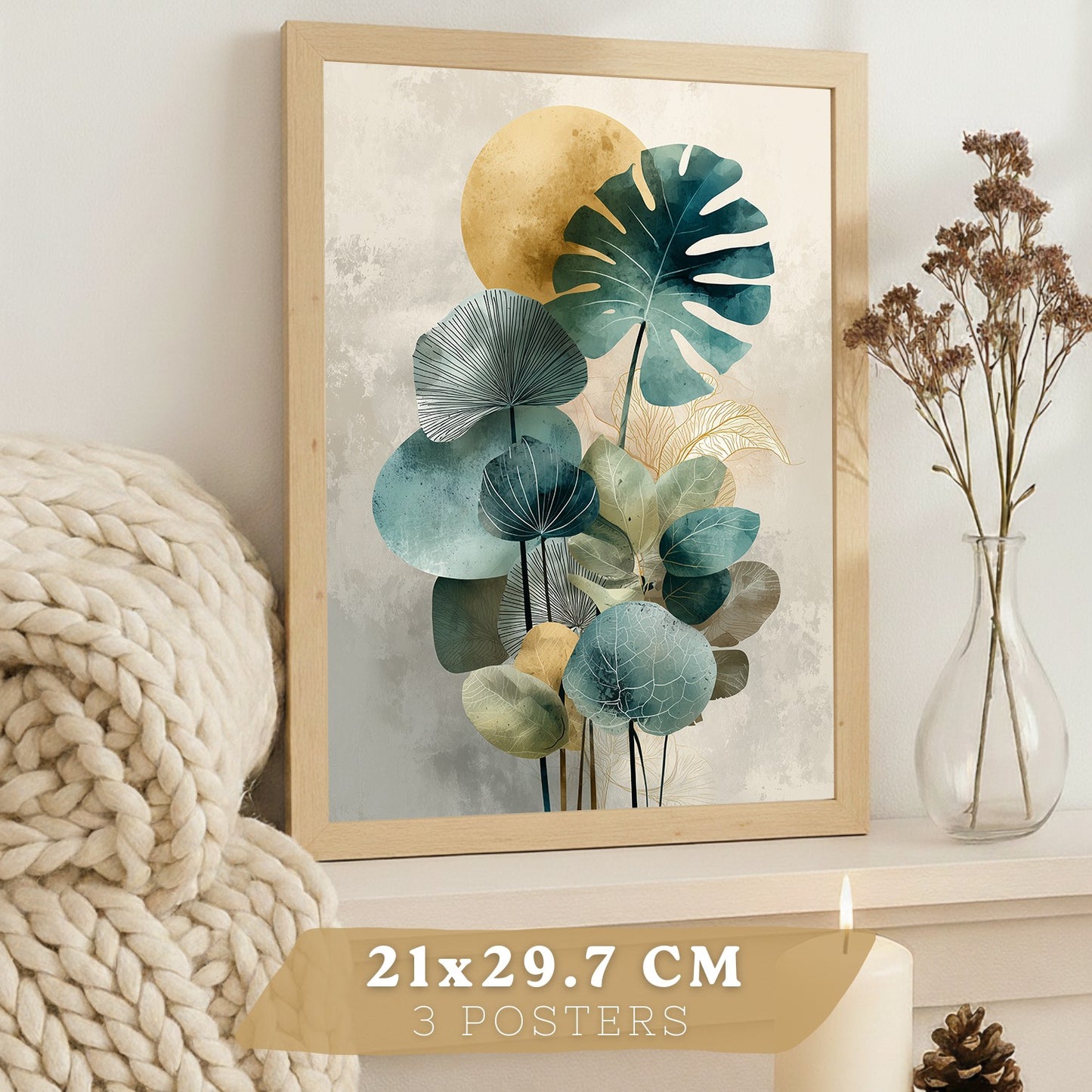 Set de 3 laminas decorativas Hojas, plantas. Florales Cuadros Salon modernos - Posters decorativos Botanico verde naranja. Decoración Dormitorios.