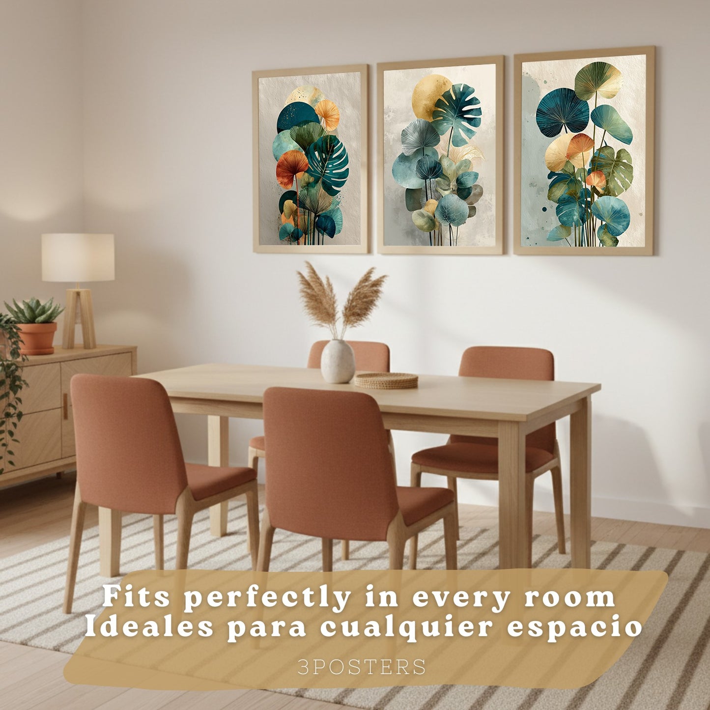 Set de 3 laminas decorativas Hojas, plantas. Florales Cuadros Salon modernos - Posters decorativos Botanico verde naranja. Decoración Dormitorios.