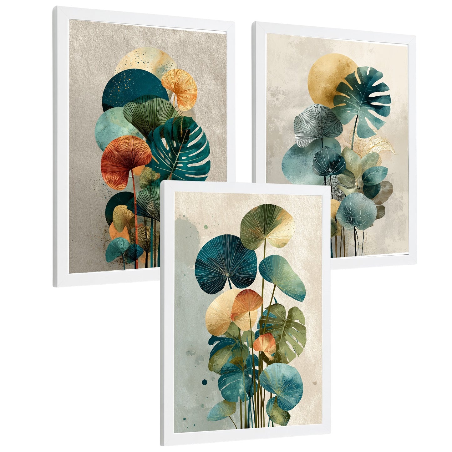 Set de 3 laminas decorativas Hojas, plantas. Florales Cuadros Salon modernos - Posters decorativos Botanico verde naranja. Decoración Dormitorios.