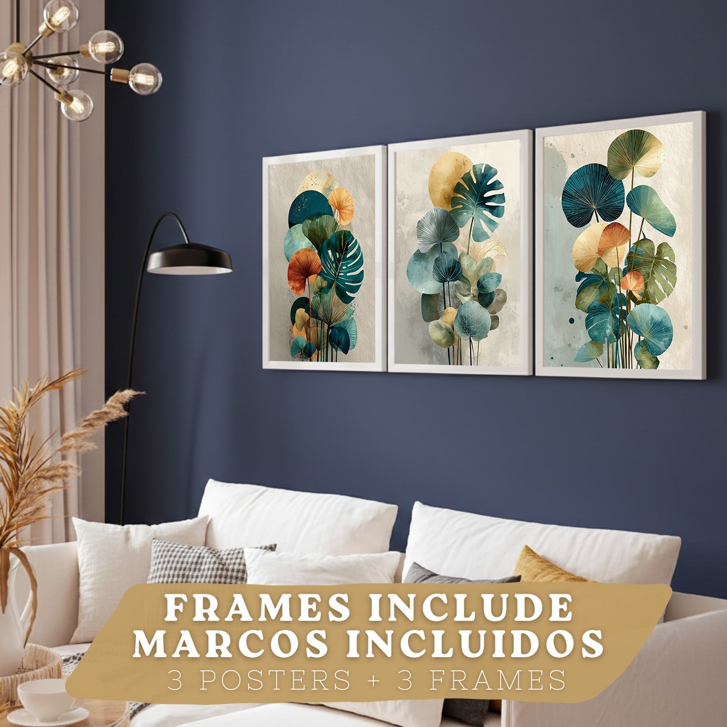 Set de 3 laminas decorativas Hojas, plantas. Florales Cuadros Salon modernos - Posters decorativos Botanico verde naranja. Decoración Dormitorios.