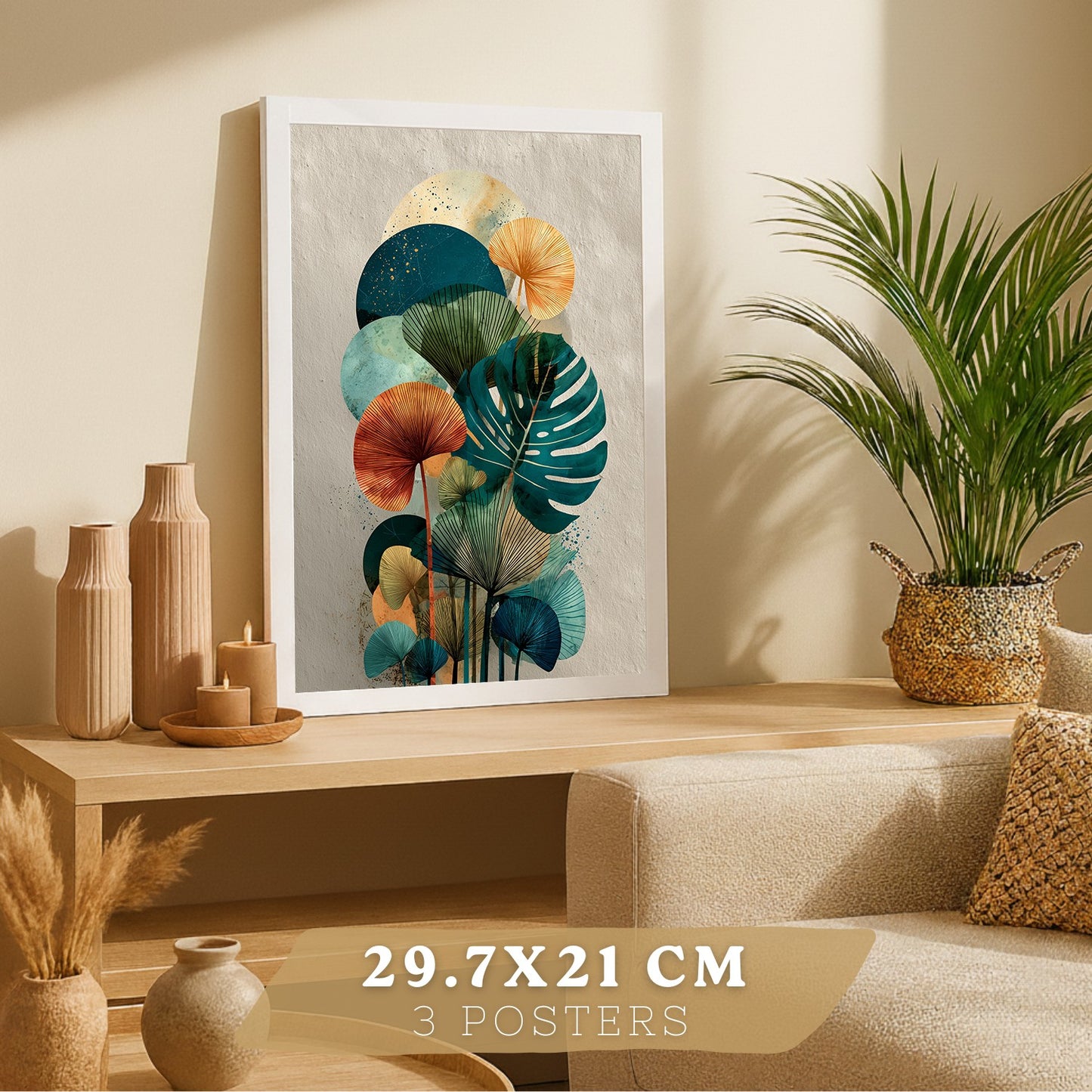 Set de 3 laminas decorativas Hojas, plantas. Florales Cuadros Salon modernos - Posters decorativos Botanico verde naranja. Decoración Dormitorios.