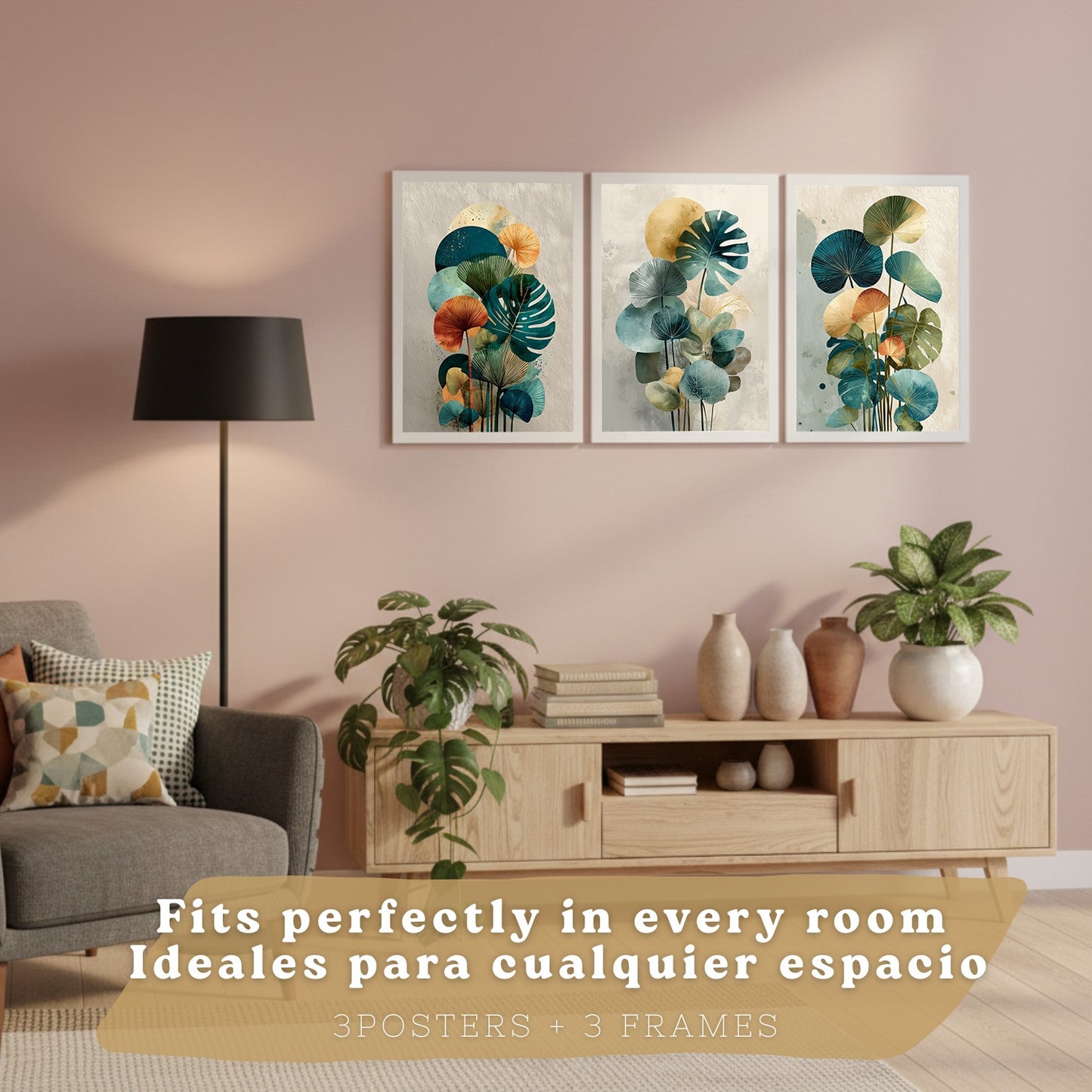 Set de 3 laminas decorativas Hojas, plantas. Florales Cuadros Salon modernos - Posters decorativos Botanico verde naranja. Decoración Dormitorios.