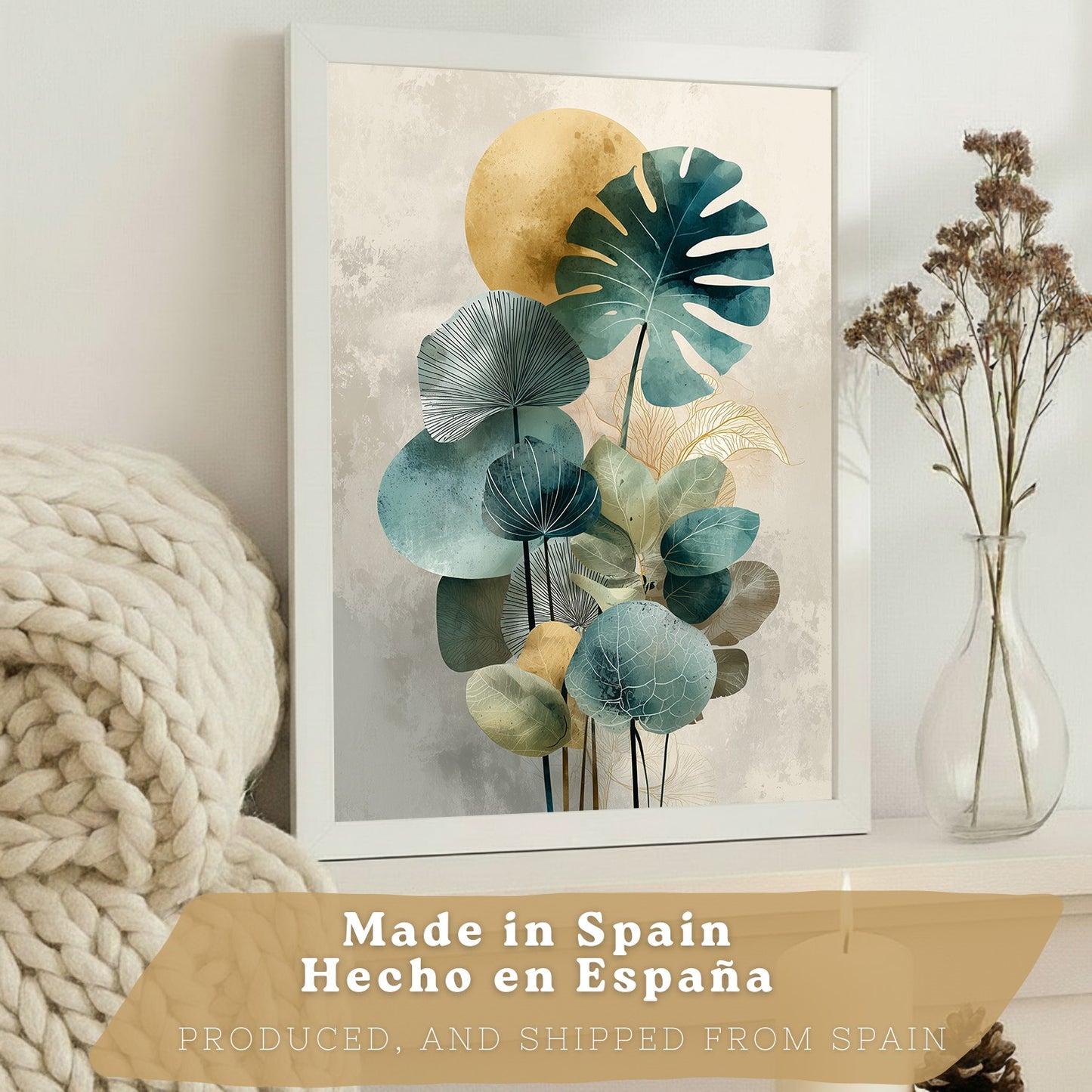 Set de 3 laminas decorativas Hojas, plantas. Florales Cuadros Salon modernos - Posters decorativos Botanico verde naranja. Decoración Dormitorios.