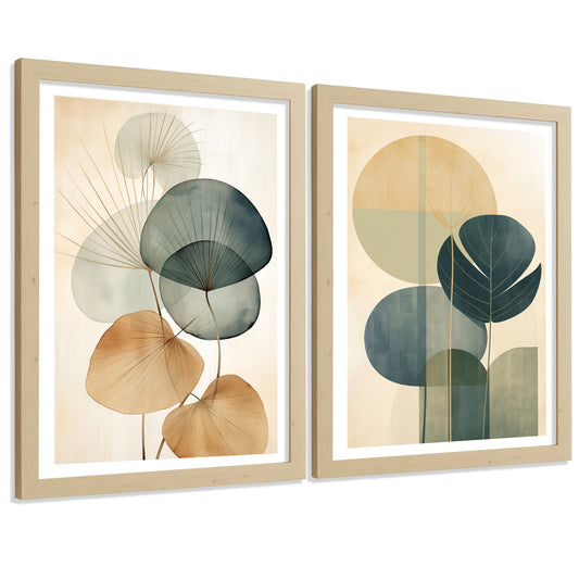 Set de 2 laminas Flor botanico Verde Geometrico. Arte de Pared Botánico Boho Minimalista Posters florales para Dormitorio Sala de Estar Cocina
