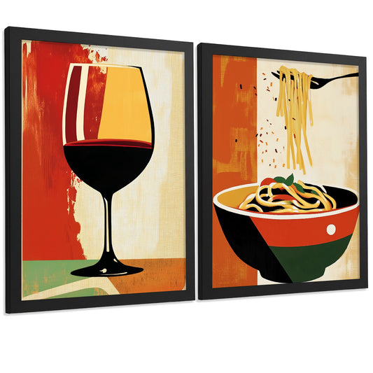 Set de 2 Láminas Cocina Vintage Retro Cuadros Pared Vino Tinto y Pasta Estilo Cartel Clásico Póster Decoración Comedor