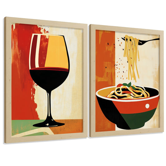 Set de 2 Láminas Cocina Vintage Retro Cuadros Pared Vino Tinto y Pasta Estilo Cartel Clásico Póster Decoración Comedor