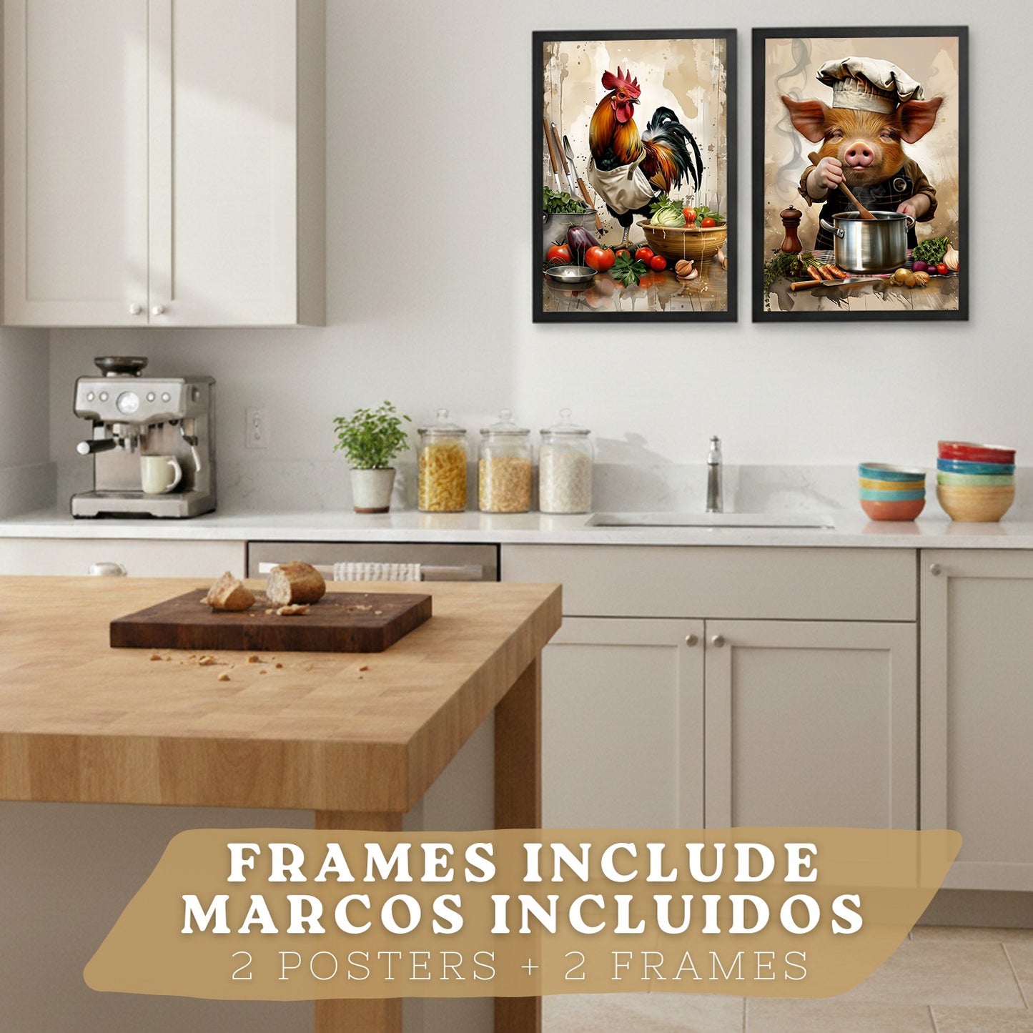 Set de 2 Láminas Animales Chef Cuadros Cocina Gallo y Cerdo Cocinero Estilo Ilustración Póster Decoración Pared Comedor