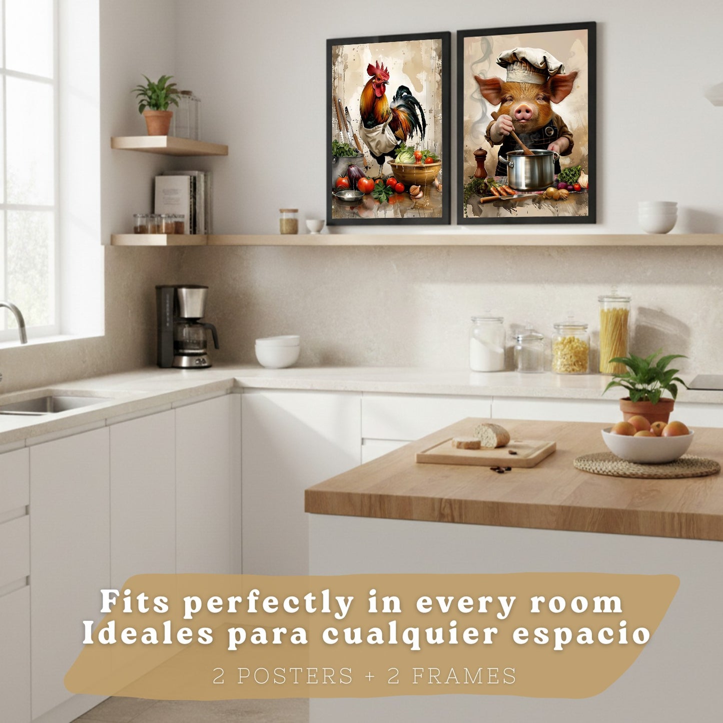 Set de 2 Láminas Animales Chef Cuadros Cocina Gallo y Cerdo Cocinero Estilo Ilustración Póster Decoración Pared Comedor