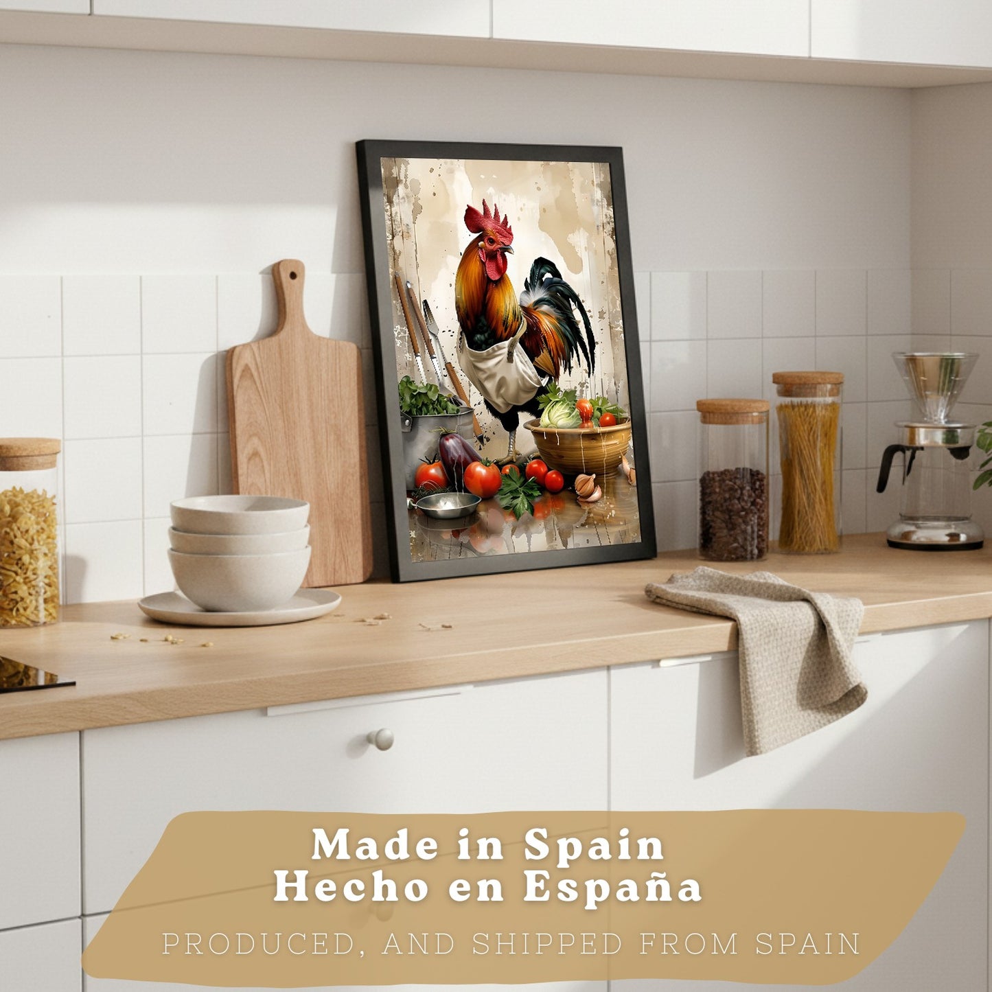 Set de 2 Láminas Animales Chef Cuadros Cocina Gallo y Cerdo Cocinero Estilo Ilustración Póster Decoración Pared Comedor