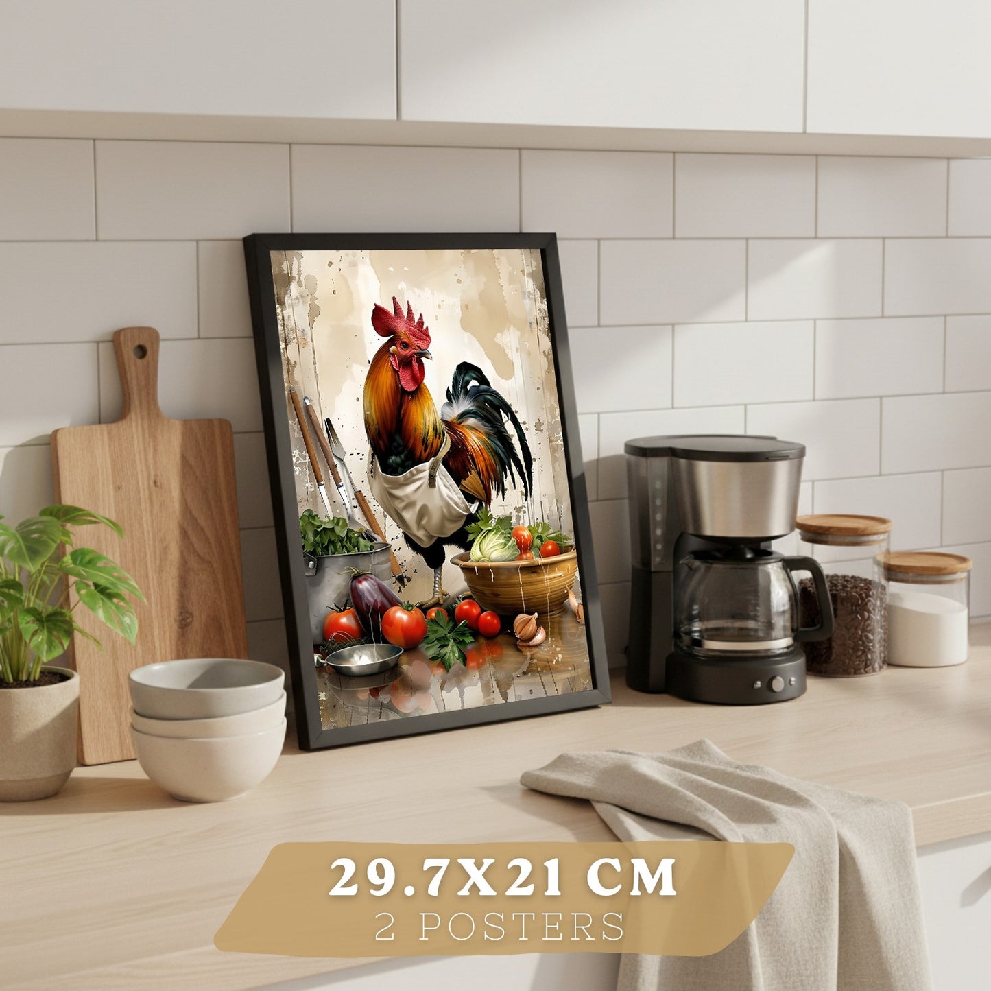 Set de 2 Láminas Animales Chef Cuadros Cocina Gallo y Cerdo Cocinero Estilo Ilustración Póster Decoración Pared Comedor