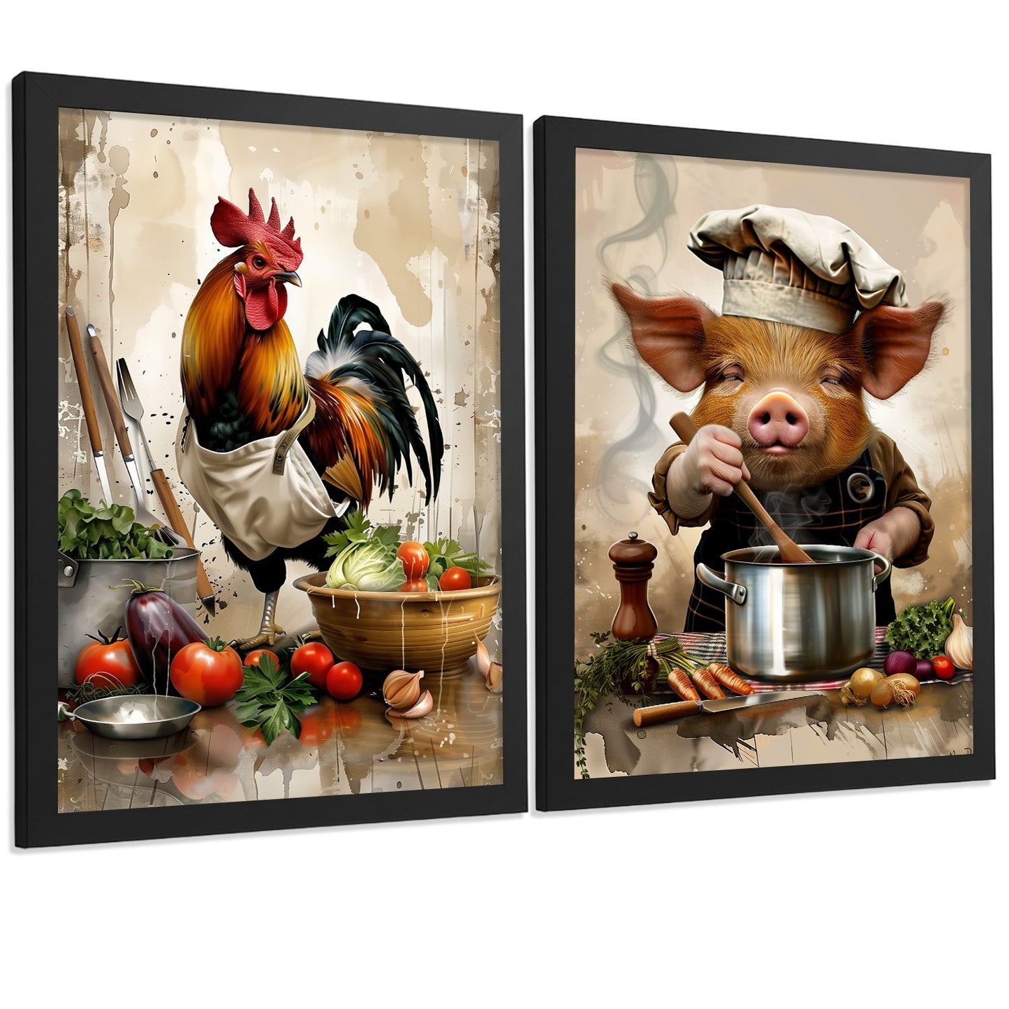 Set de 2 Láminas Animales Chef Cuadros Cocina Gallo y Cerdo Cocinero Estilo Ilustración Póster Decoración Pared Comedor