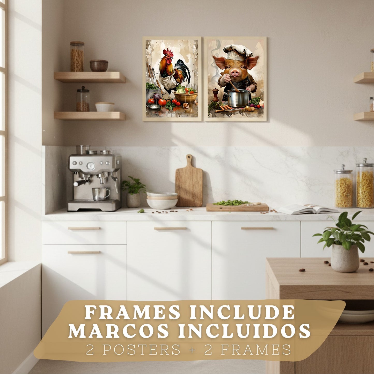 Set de 2 Láminas Animales Chef Cuadros Cocina Gallo y Cerdo Cocinero Estilo Ilustración Póster Decoración Pared Comedor
