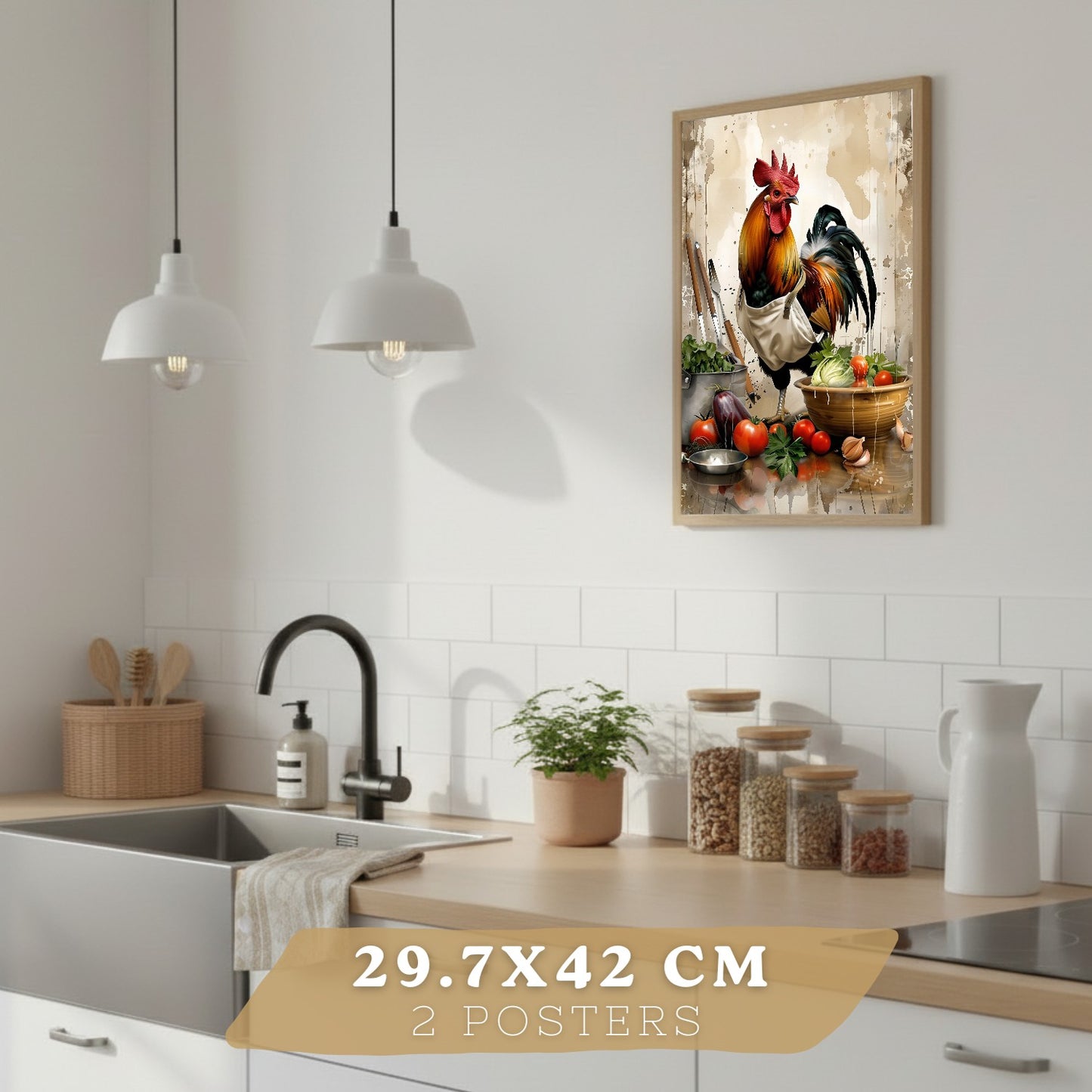 Set de 2 Láminas Animales Chef Cuadros Cocina Gallo y Cerdo Cocinero Estilo Ilustración Póster Decoración Pared Comedor