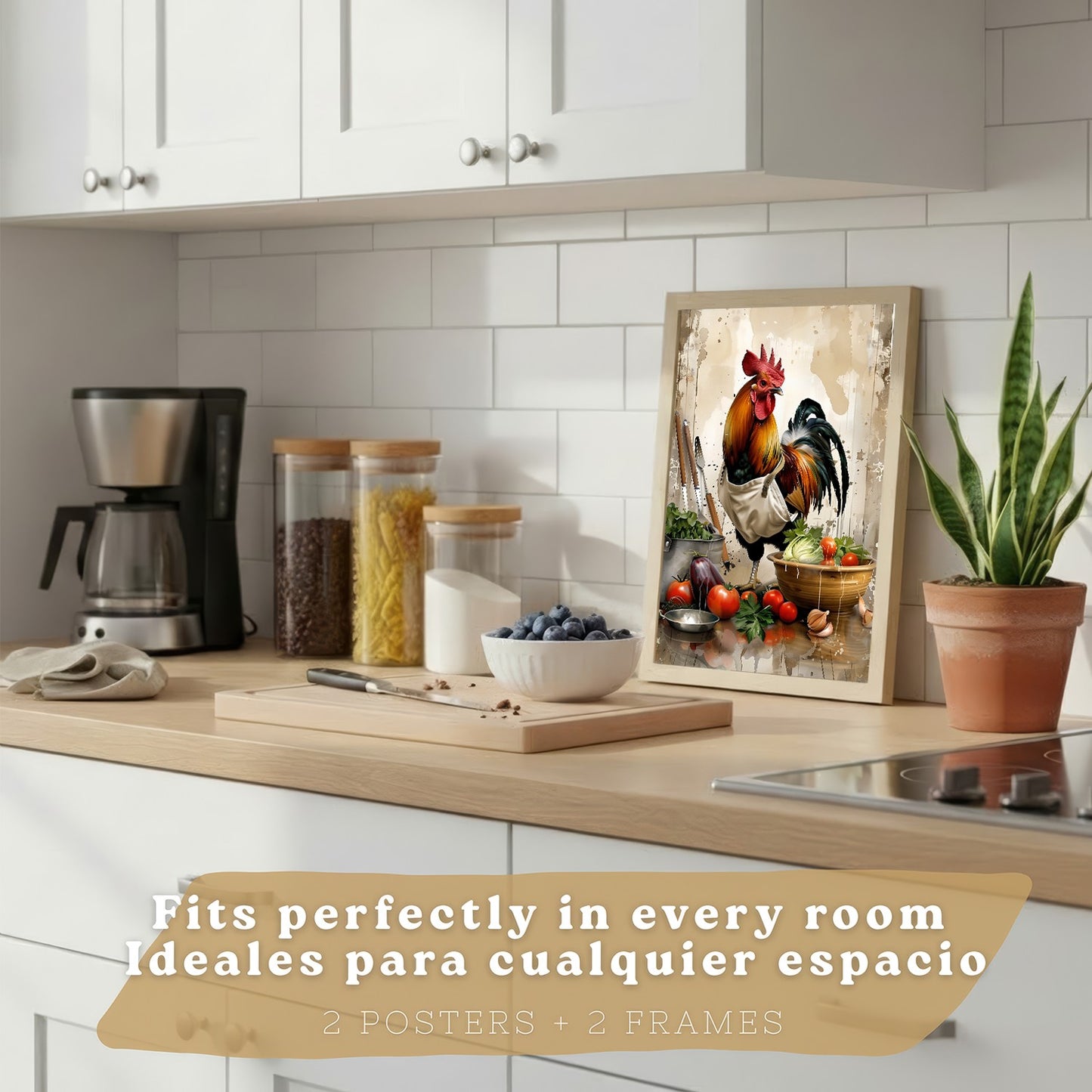 Set de 2 Láminas Animales Chef Cuadros Cocina Gallo y Cerdo Cocinero Estilo Ilustración Póster Decoración Pared Comedor