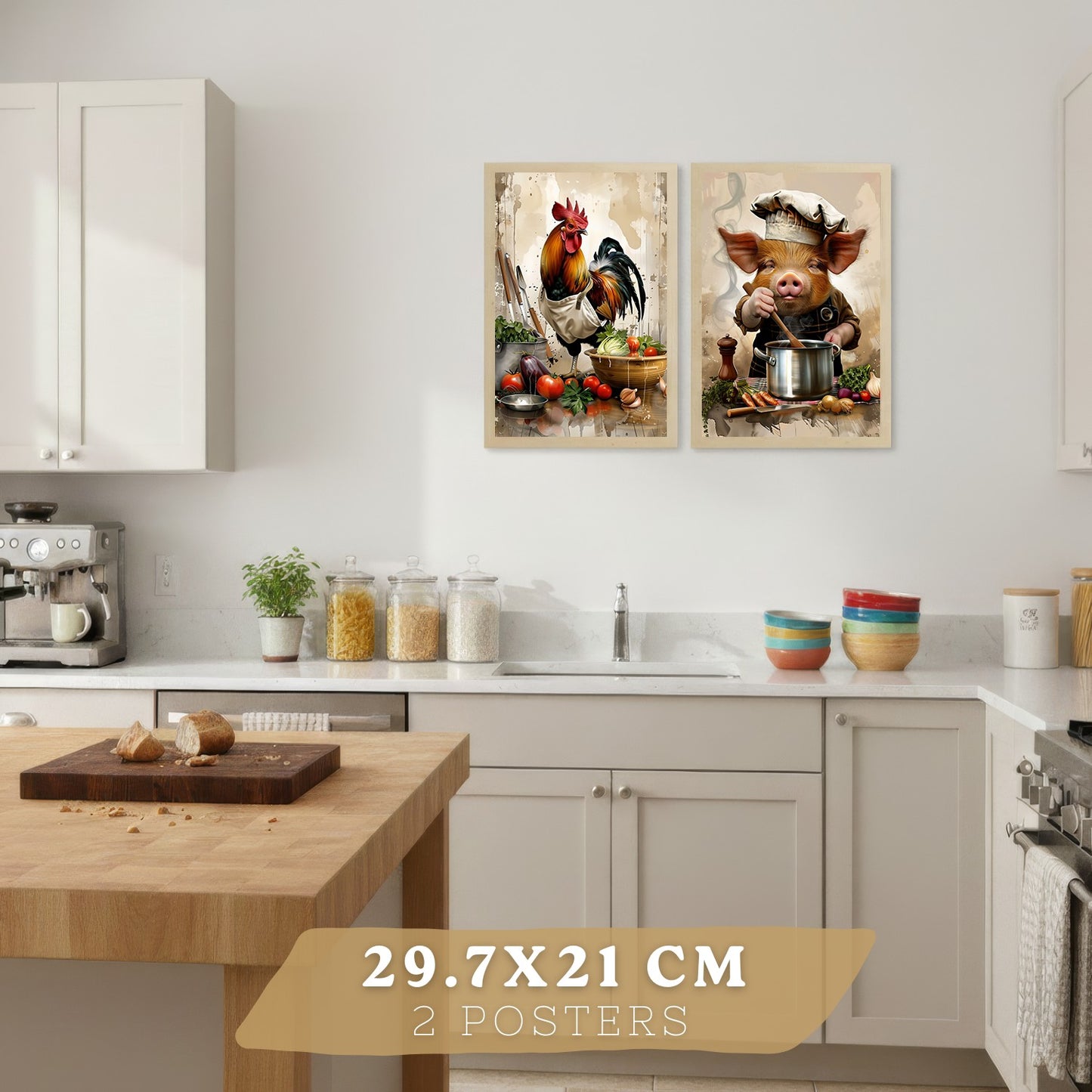 Set de 2 Láminas Animales Chef Cuadros Cocina Gallo y Cerdo Cocinero Estilo Ilustración Póster Decoración Pared Comedor