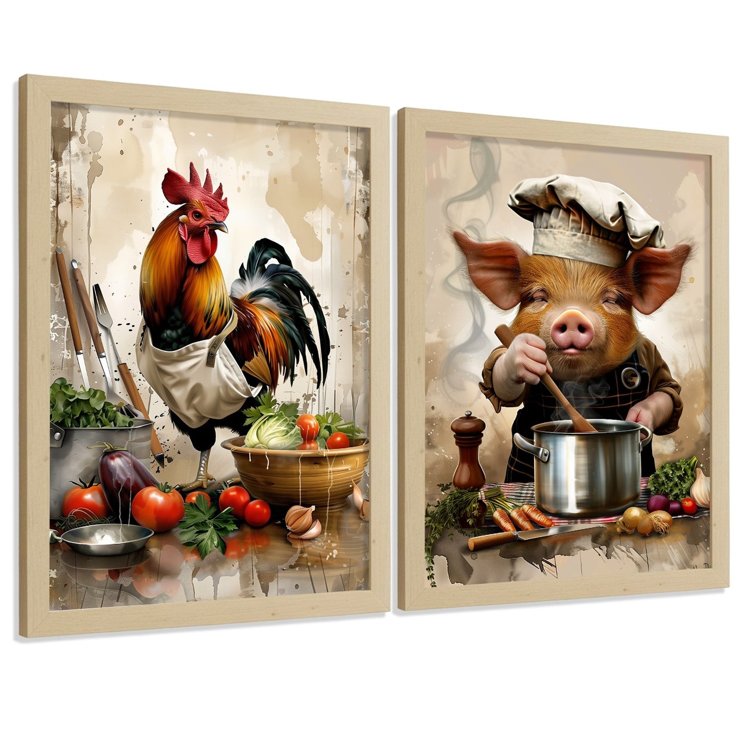 Set de 2 Láminas Animales Chef Cuadros Cocina Gallo y Cerdo Cocinero Estilo Ilustración Póster Decoración Pared Comedor