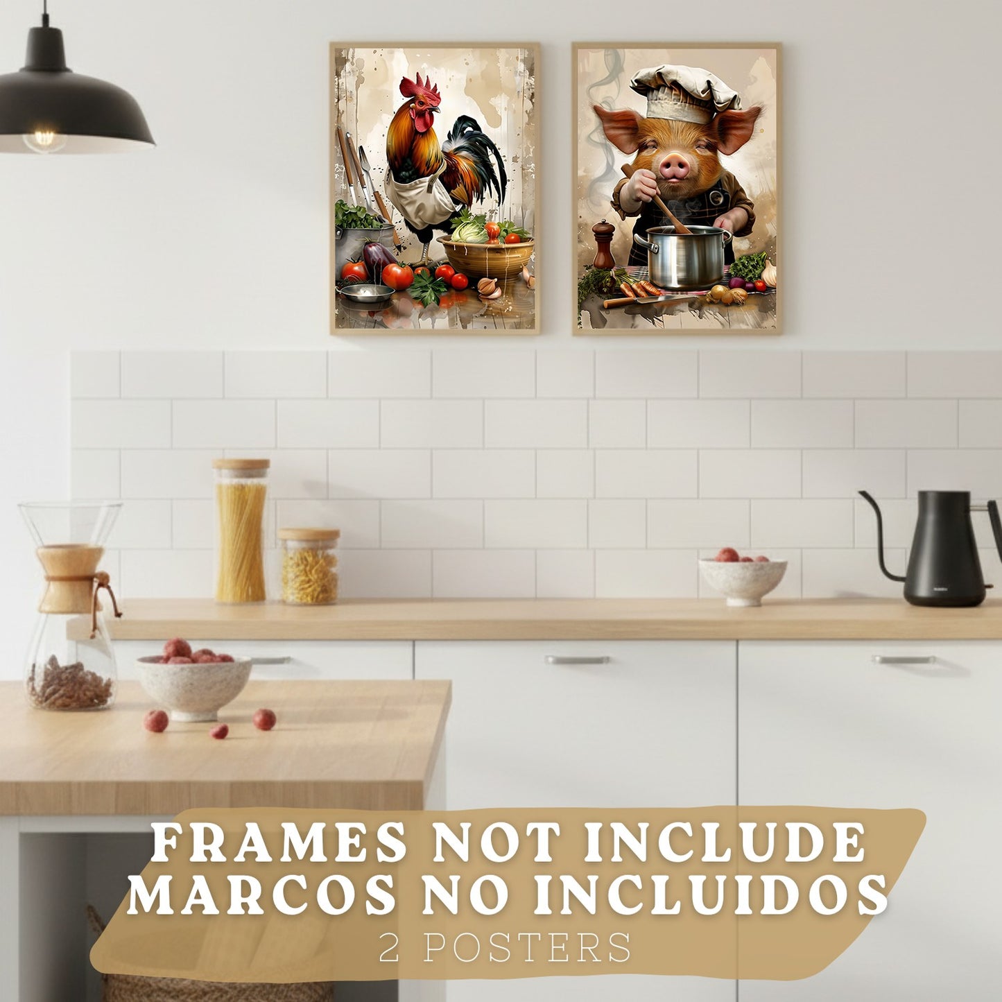 Set de 2 Láminas Animales Chef Cuadros Cocina Gallo y Cerdo Cocinero Estilo Ilustración Póster Decoración Pared Comedor