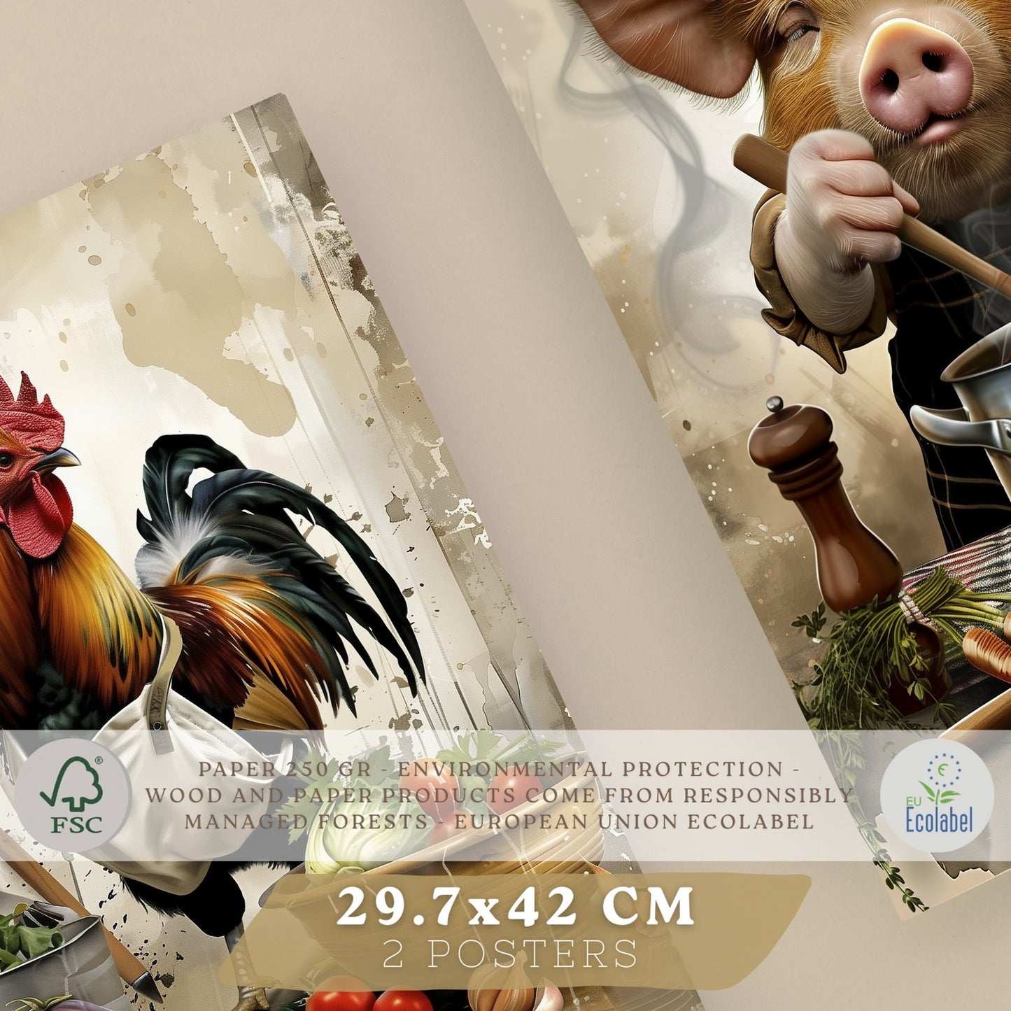 Set de 2 Láminas Animales Chef Cuadros Cocina Gallo y Cerdo Cocinero Estilo Ilustración Póster Decoración Pared Comedor