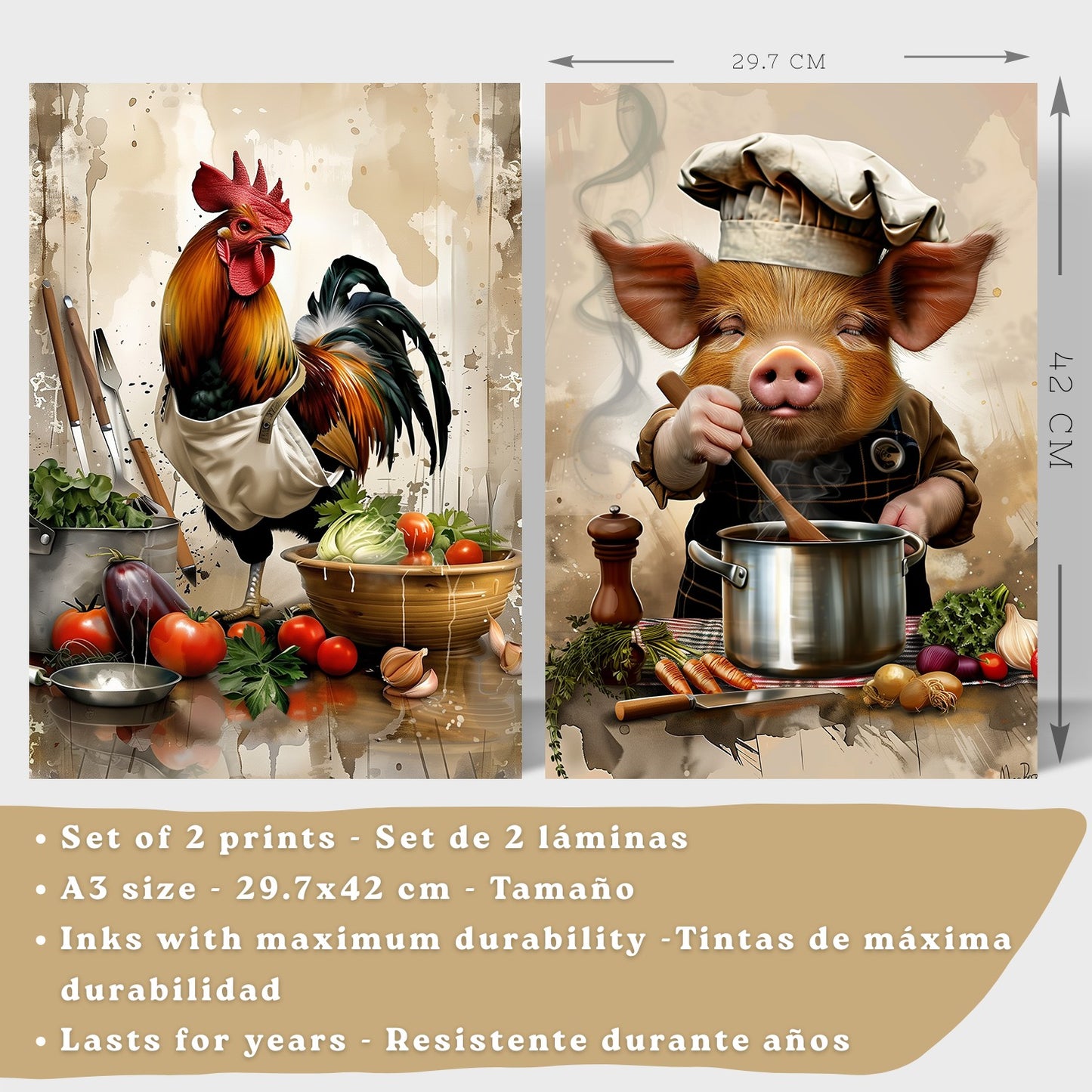 Set de 2 Láminas Animales Chef Cuadros Cocina Gallo y Cerdo Cocinero Estilo Ilustración Póster Decoración Pared Comedor