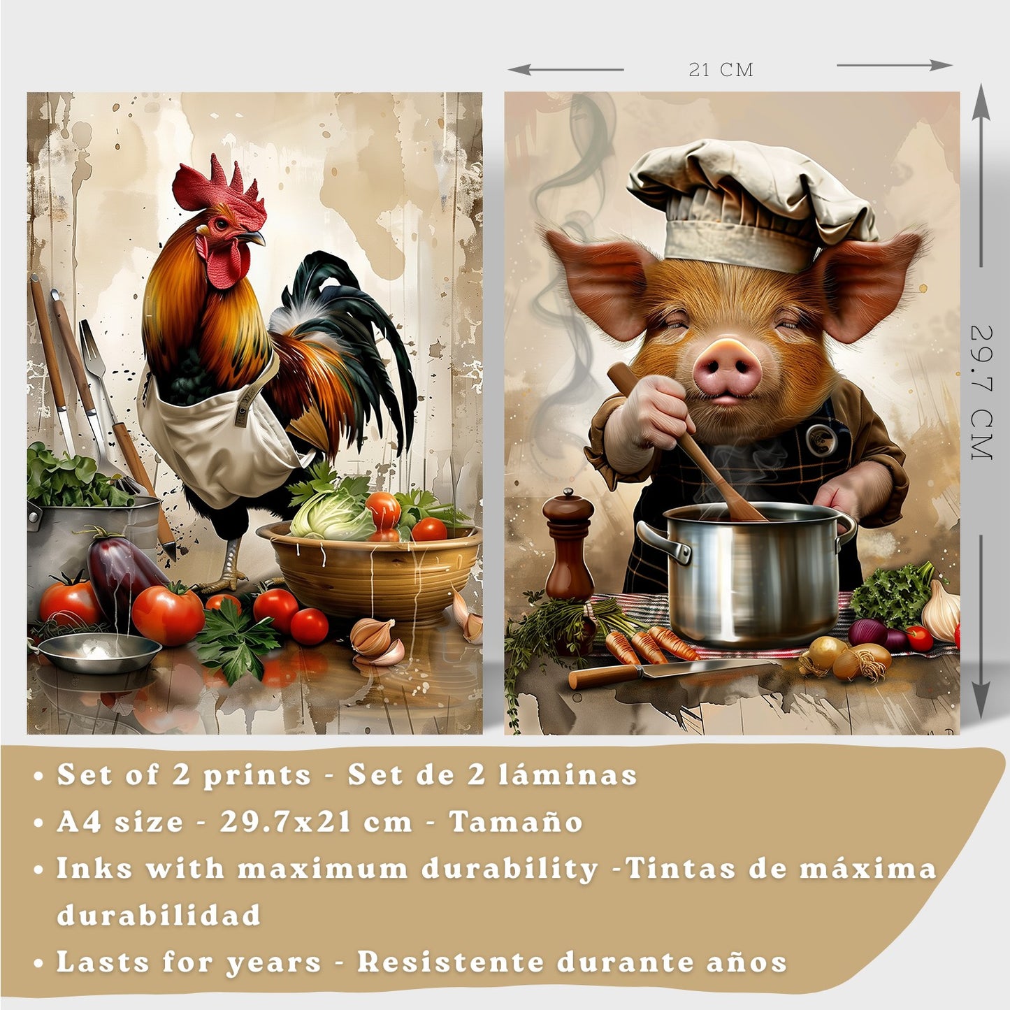 Set de 2 Láminas Animales Chef Cuadros Cocina Gallo y Cerdo Cocinero Estilo Ilustración Póster Decoración Pared Comedor