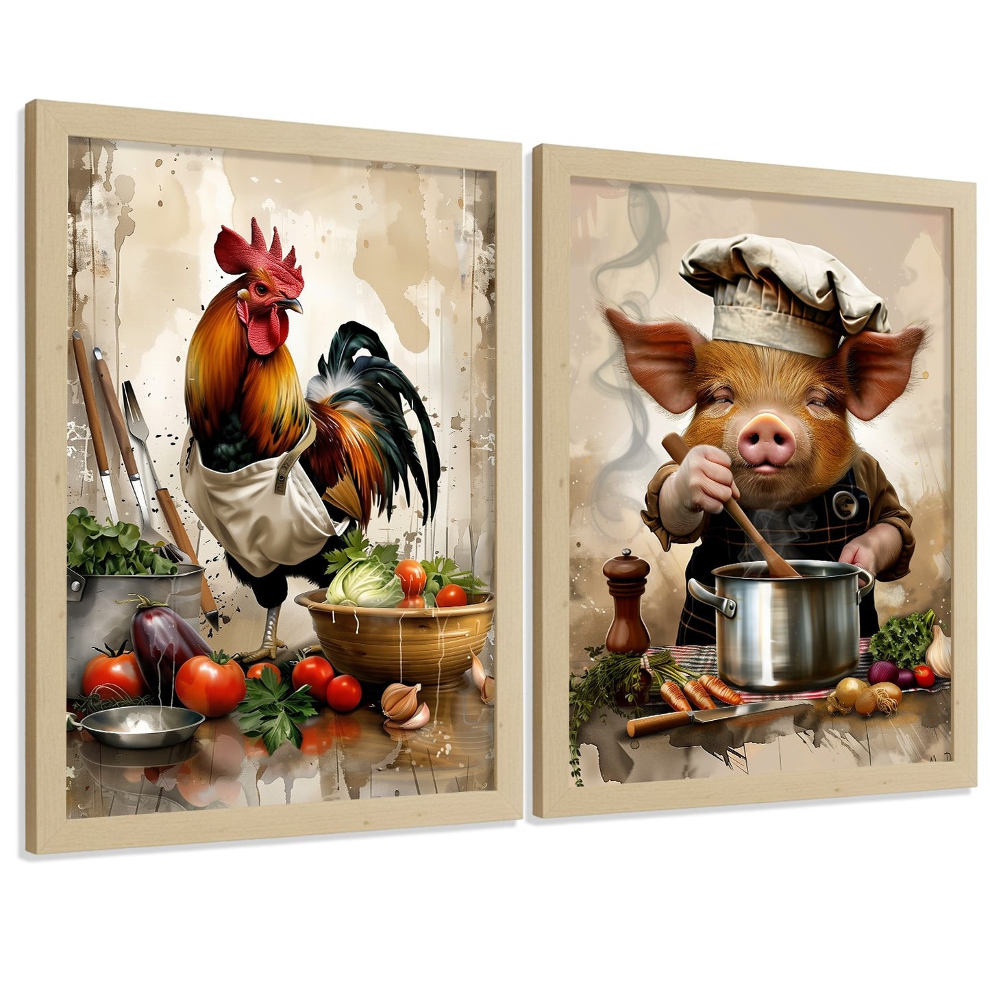 Set de 2 Láminas Animales Chef Cuadros Cocina Gallo y Cerdo Cocinero Estilo Ilustración Póster Decoración Pared Comedor