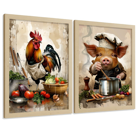 Set de 2 Láminas Animales Chef Cuadros Cocina Gallo y Cerdo Cocinero Estilo Ilustración Póster Decoración Pared Comedor